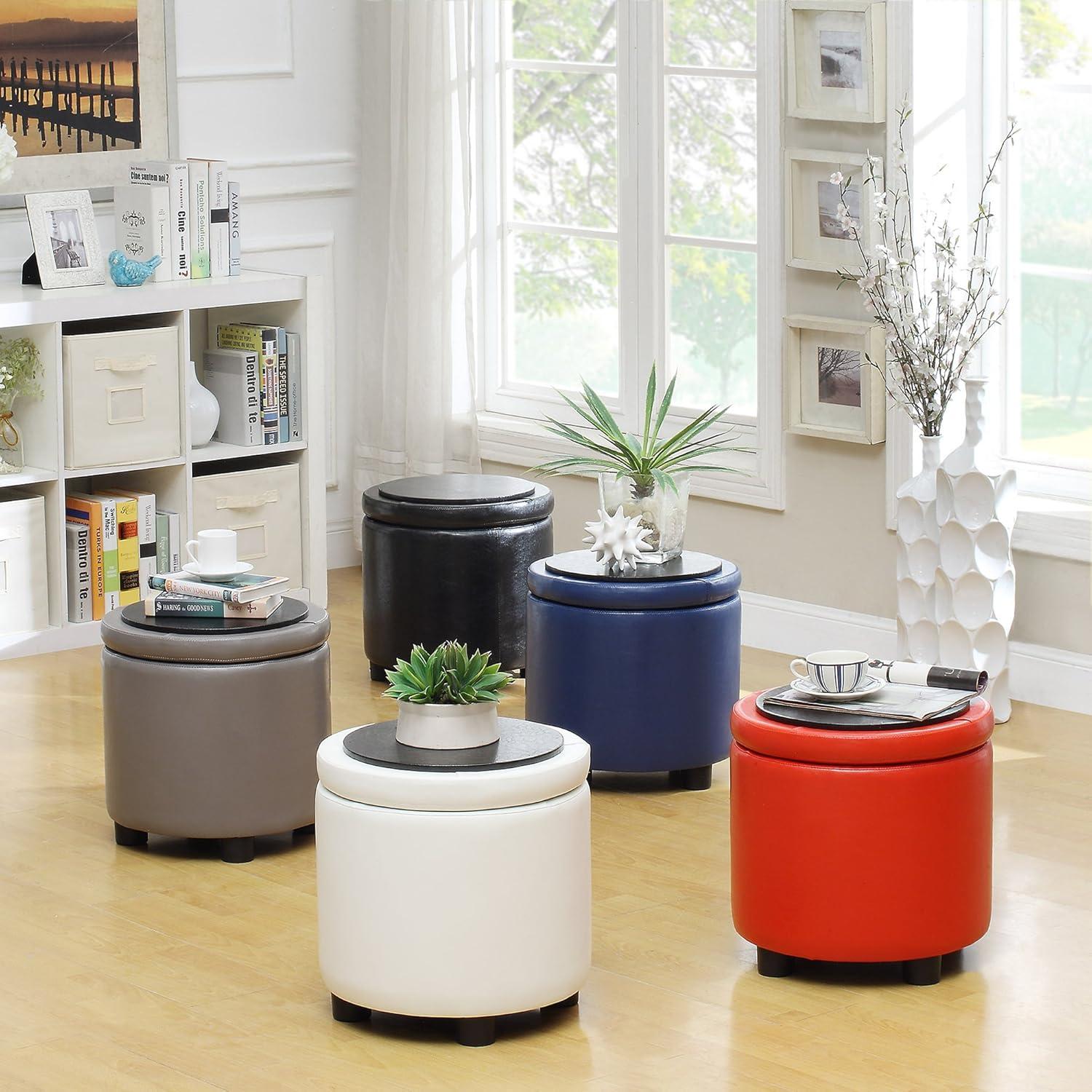 16" Round Black Faux Leather Ottoman with Reversible Tray