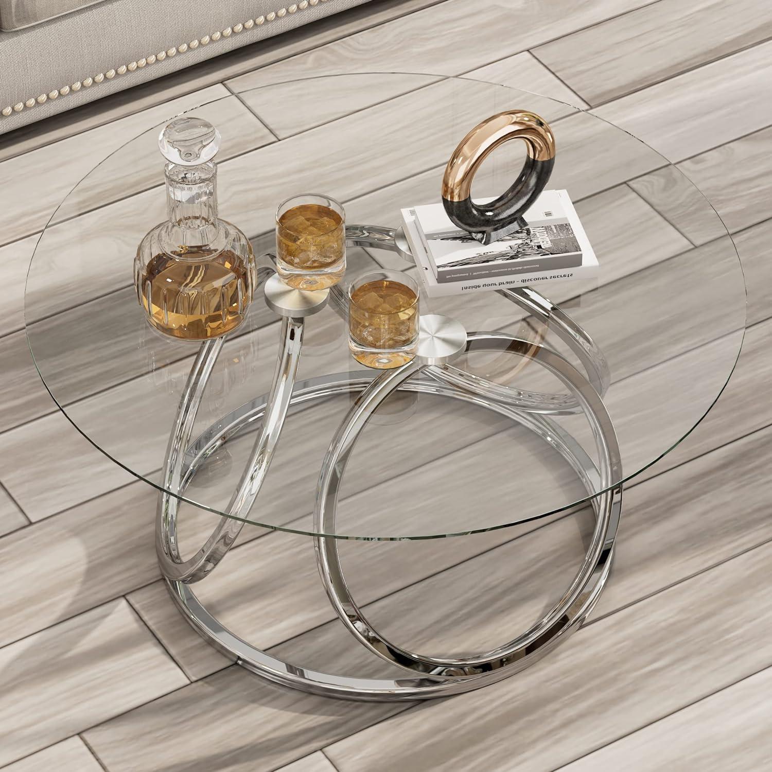 Myhozm Contemporary Glass Top Round Coffee Table Chrome