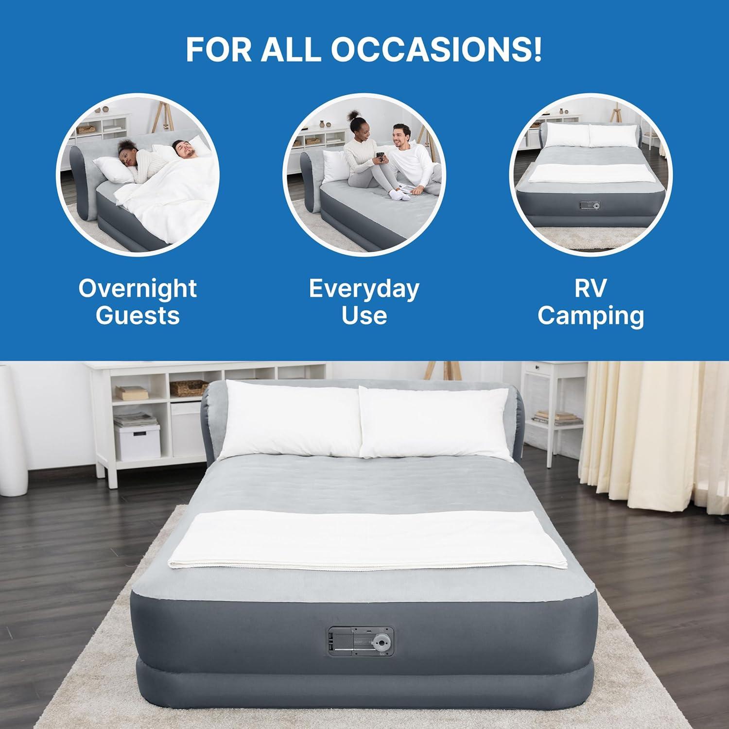 SleepLux Queen Air Mattress with Headboard | Supersoft Snugable Top, Extra Durable Tough Guard | Raised Airbed with Built in Pump + USB Charger (90"x60"x29") Grey