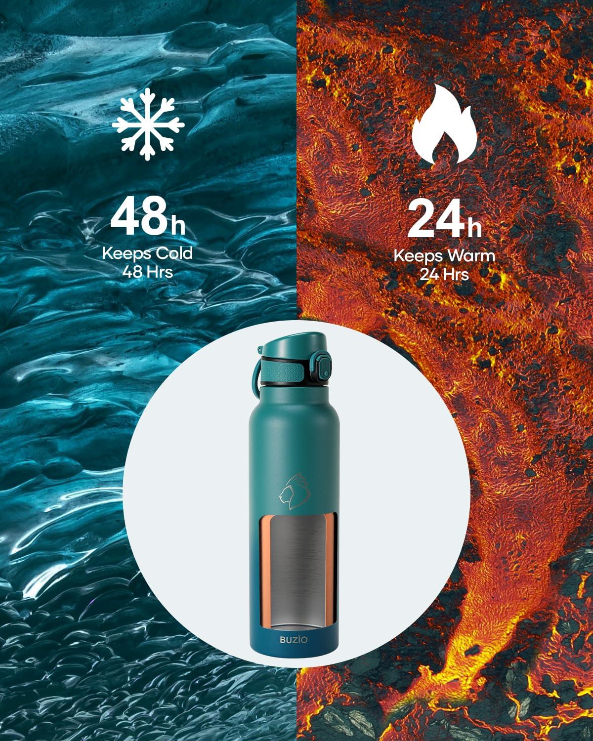 Buzio 32 oz Insulated with Straw & Brush Vaccum Stainless Steel Metal 3 Lids Water Flask for Sports, Gym or Office Keep Cold 48H Hot 24H，Pacific Prince