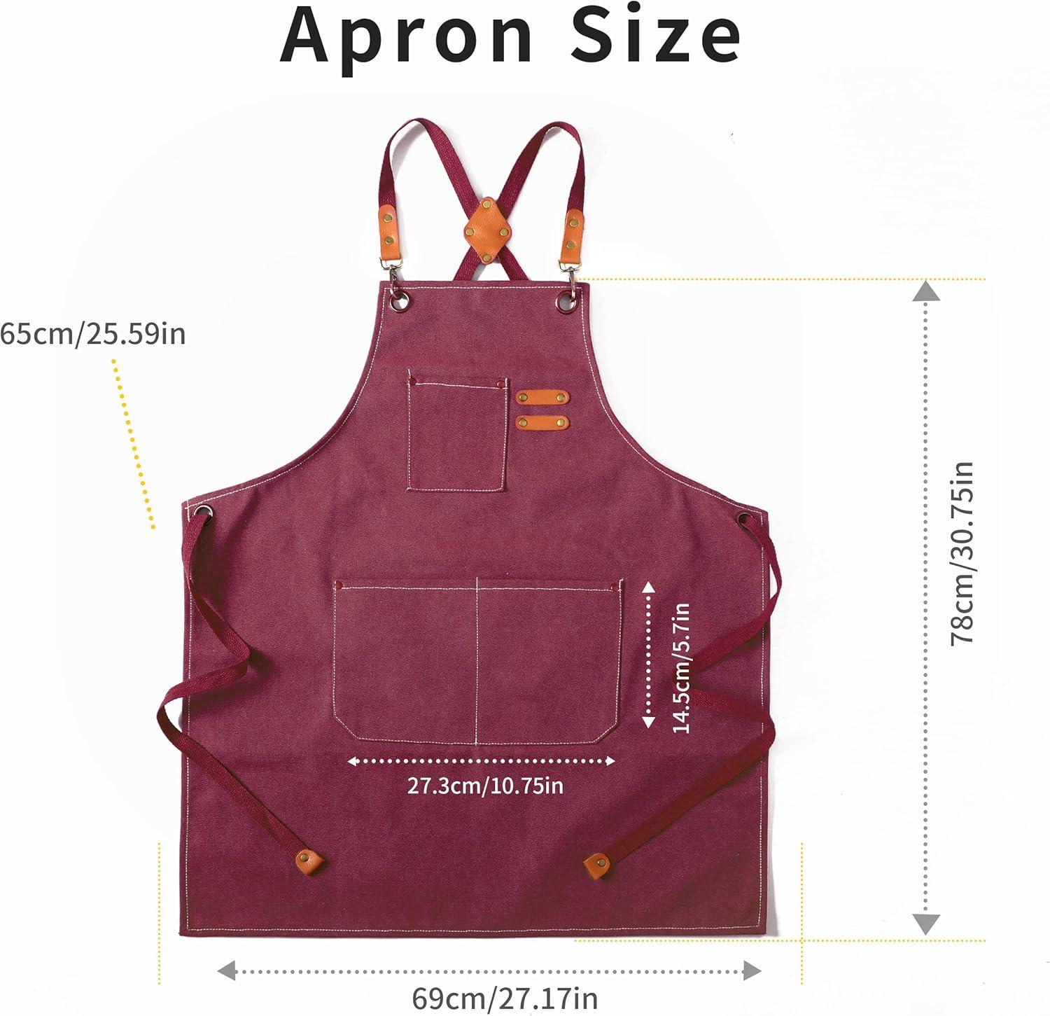 Dark Red Cotton Canvas Cross Back Grilling Apron with Large Pockets