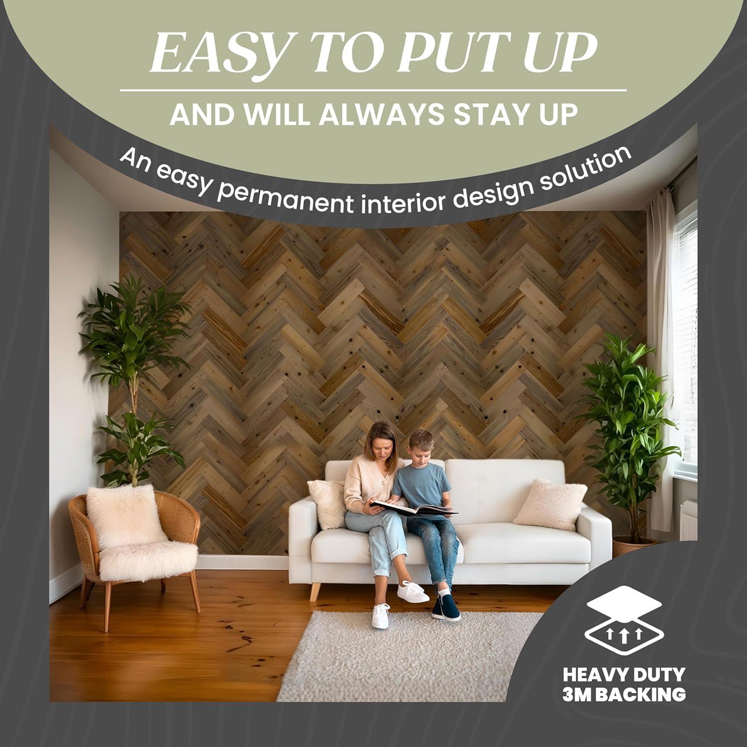 Timberchic River Reclaimed Wooden Wall planks - Simple Peel & Stick Wall Covering Application for DIY Accent Wall & Home Improvement - Premium Wall Paneling - Herringbone Pattern