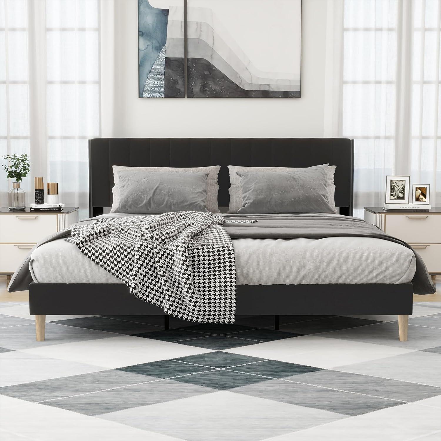 alazyhome Upholstered Platform Twin Size Bed Frame with Headboard Wooden Slats Support No Noise Easy Assembly Black Linen