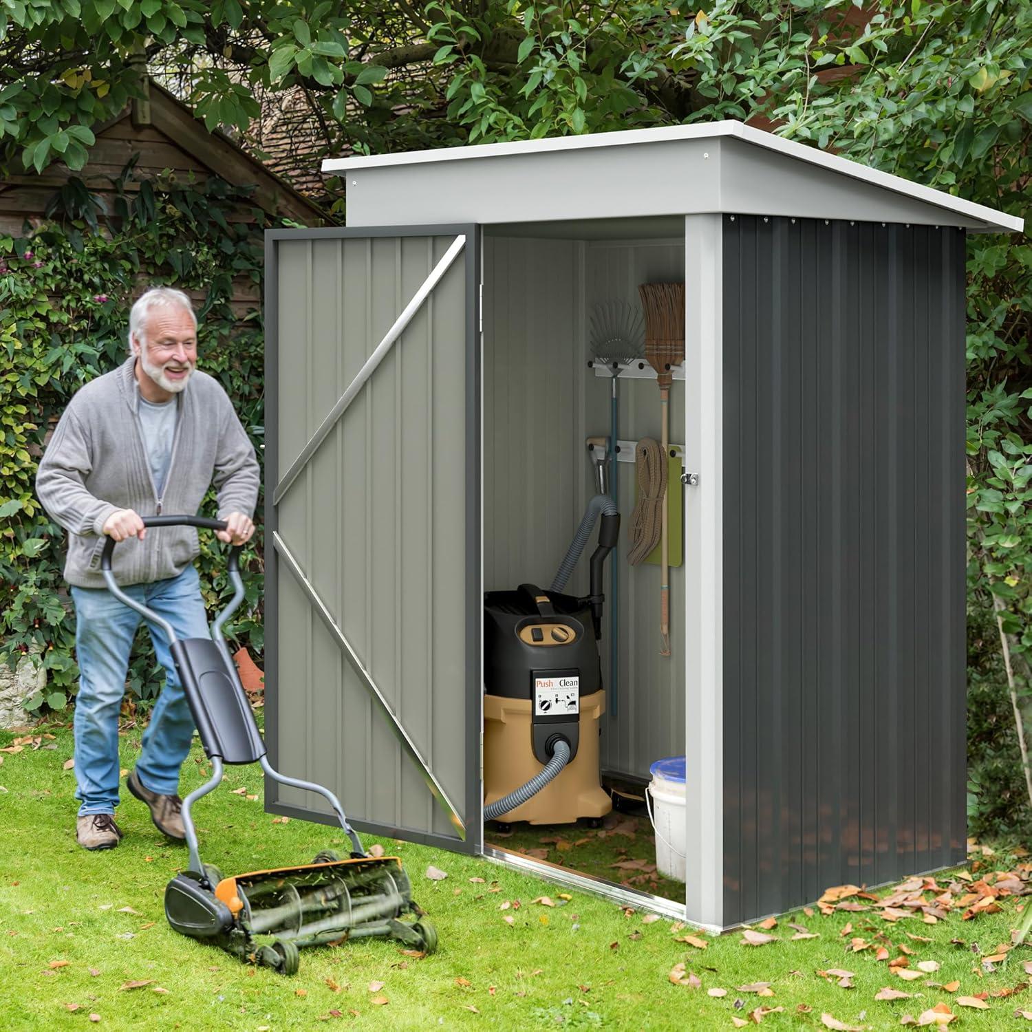 Gray and White Metal Outdoor Storage Shed with Lockable Door