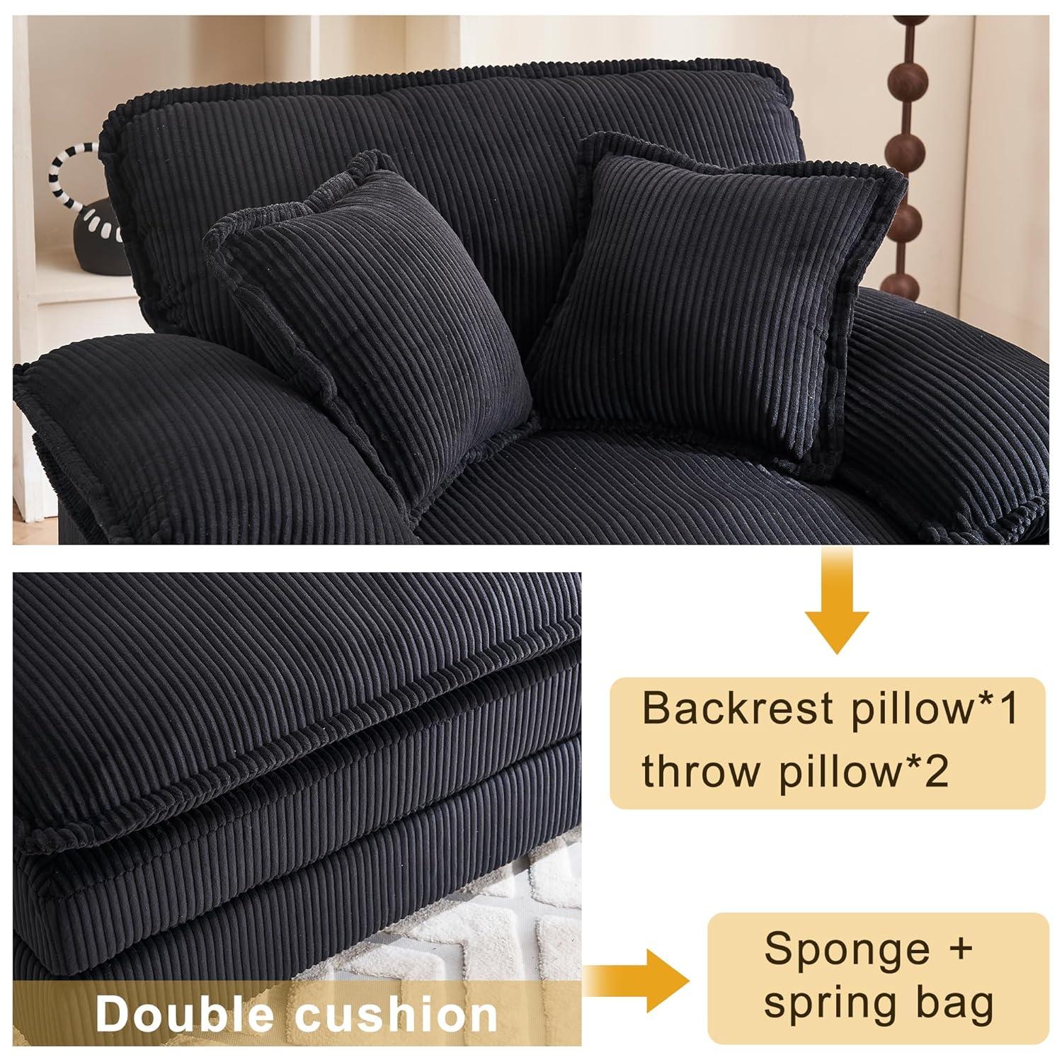 46.9" W Oversized Chair with Ottoman, Corduroy Upholstered Chaise Lounge Chair Indoor Reading Chairs Sofa Couche Oversized Comfy Chairs for Living Room, Bedroom (Corduroy Black)