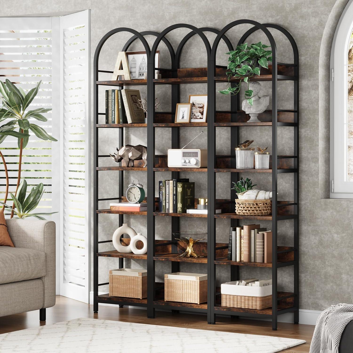 Tribesigns 6-Tier Open Bookshelf, 78.7" Tall Arched Bookcase Narrow Bookshelf, Rustic Brown