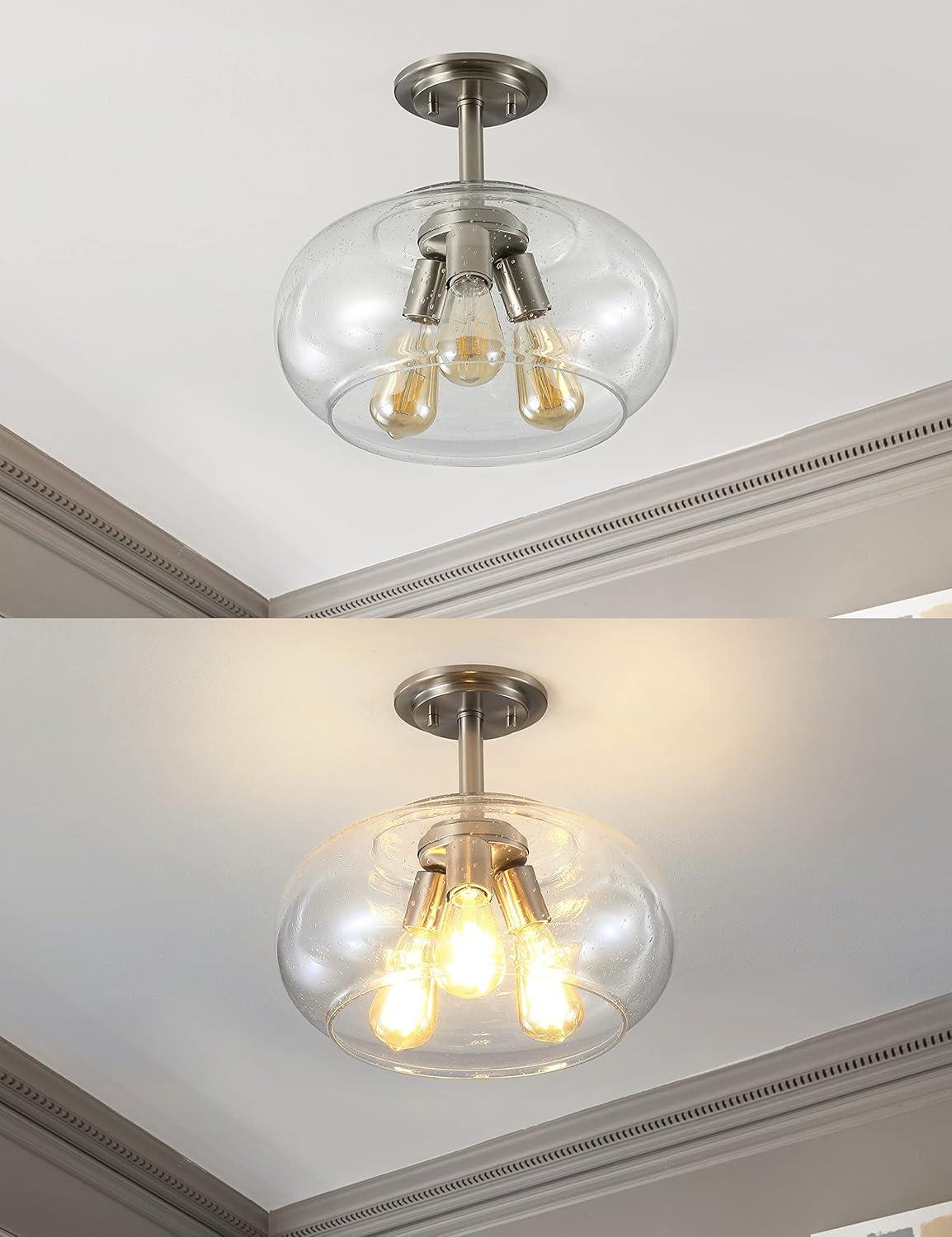 Lina 13.75" 3-Light Modern Industrial Iron/Seeded Glass LED Semi Flush Mount, Nickel/Clear