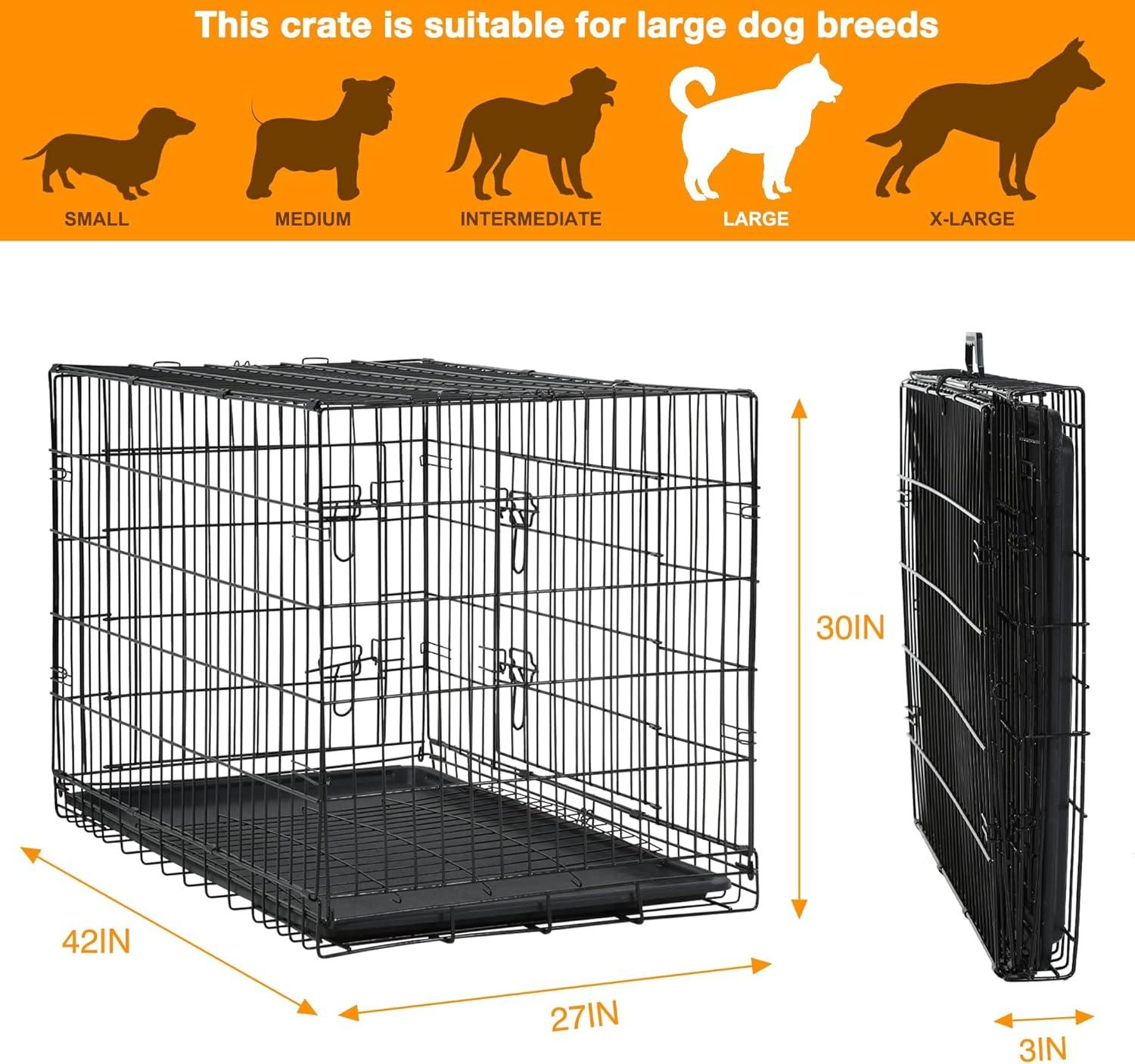 CL.HPAHKL Durable Large Dog Crate, Folding Metal Dog Kennel Double Door Dog Cage with Plastic Tray, Wire Crate for Large Dog Indoor Outdoor Travel (Black, 42 inch)