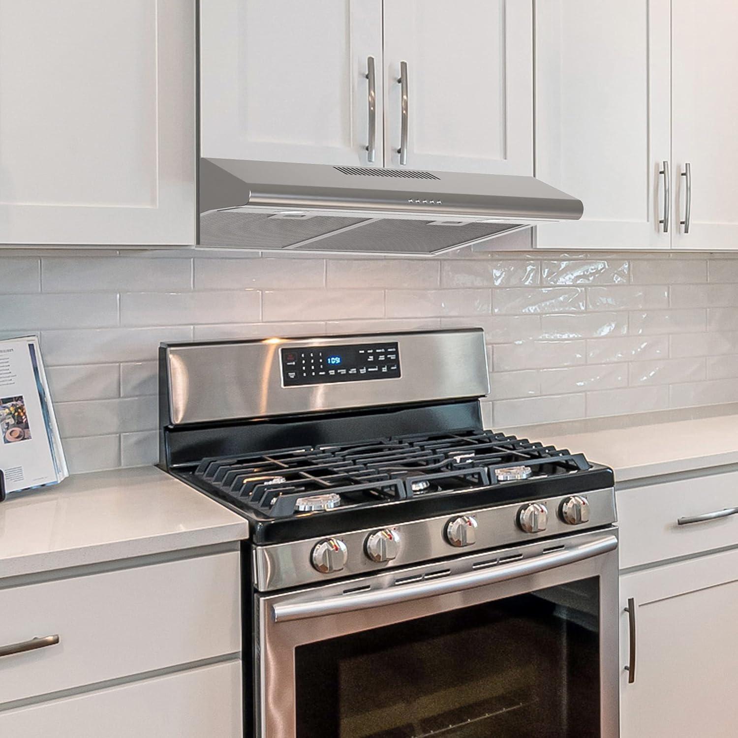 FIREGAS 36 inch Under Cabinet Range Hood 300CFM with Ducted/Ductless Convertible, Slim Kitchen Over Stove Vent, 3 Speed Exhaust Fan, Reusable Aluminum Filters, Push Button, Black