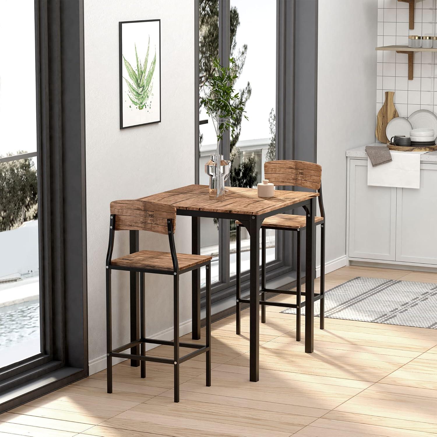 17 Stories 3 Piece Square Industrial Small Dining Table Set, Bar Table and Chairs Set, Rustic Brown and Black