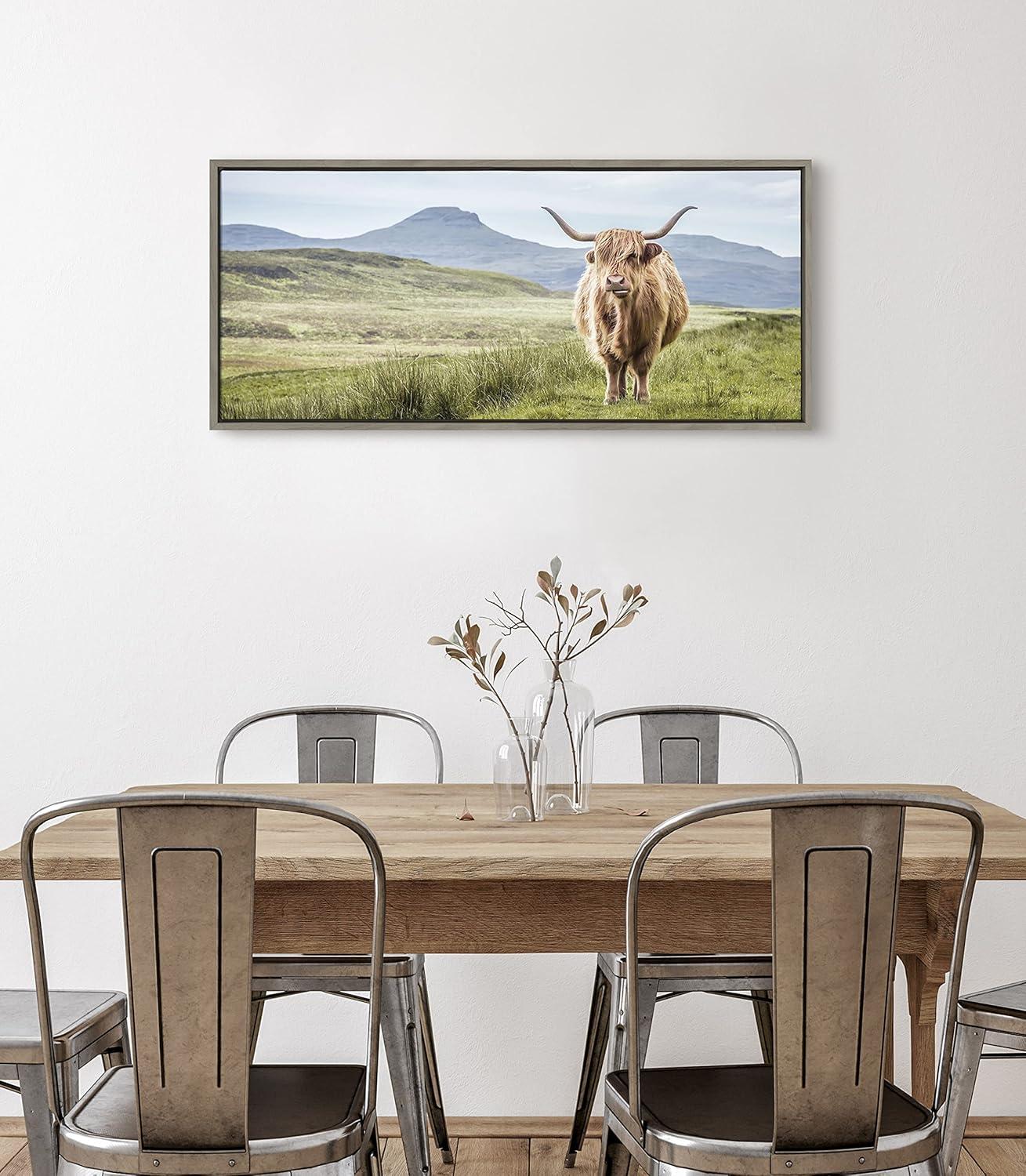 Highland Cow Mountain Landscape Canvas Art with Gray Frame