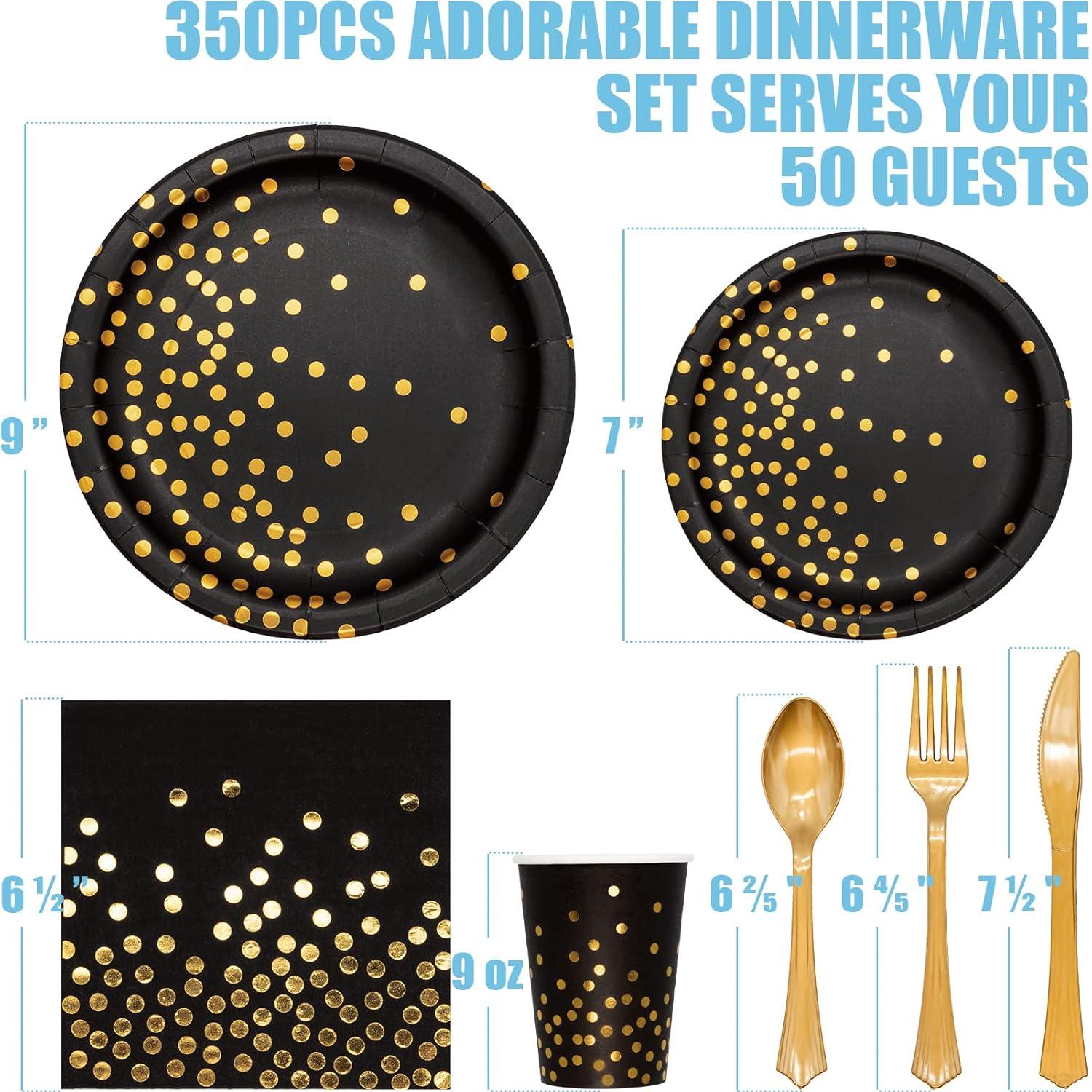 Black and Gold Party Supplies - 350 PCS Disposable Dinnerware Set - Black Paper Plates Napkins Cups, Gold Plastic Forks Knives Spoons for Birthday Christmas Halloween Thanksgiving New Years Eve Party