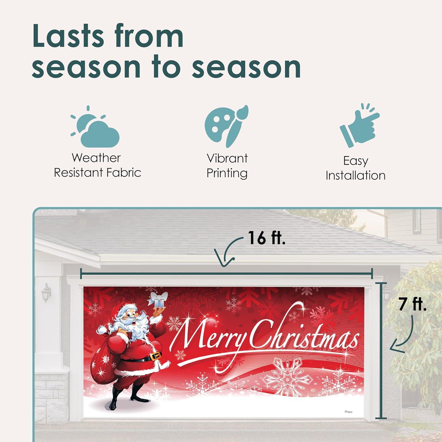 Garage Door Banner Cover 7 x 16 ft, Merry Christmas Santa Claus Carring Gifts Christmas Garage Door Decorations Holiday Christmas Backdrop Decor for Winter New Year Xmas Party