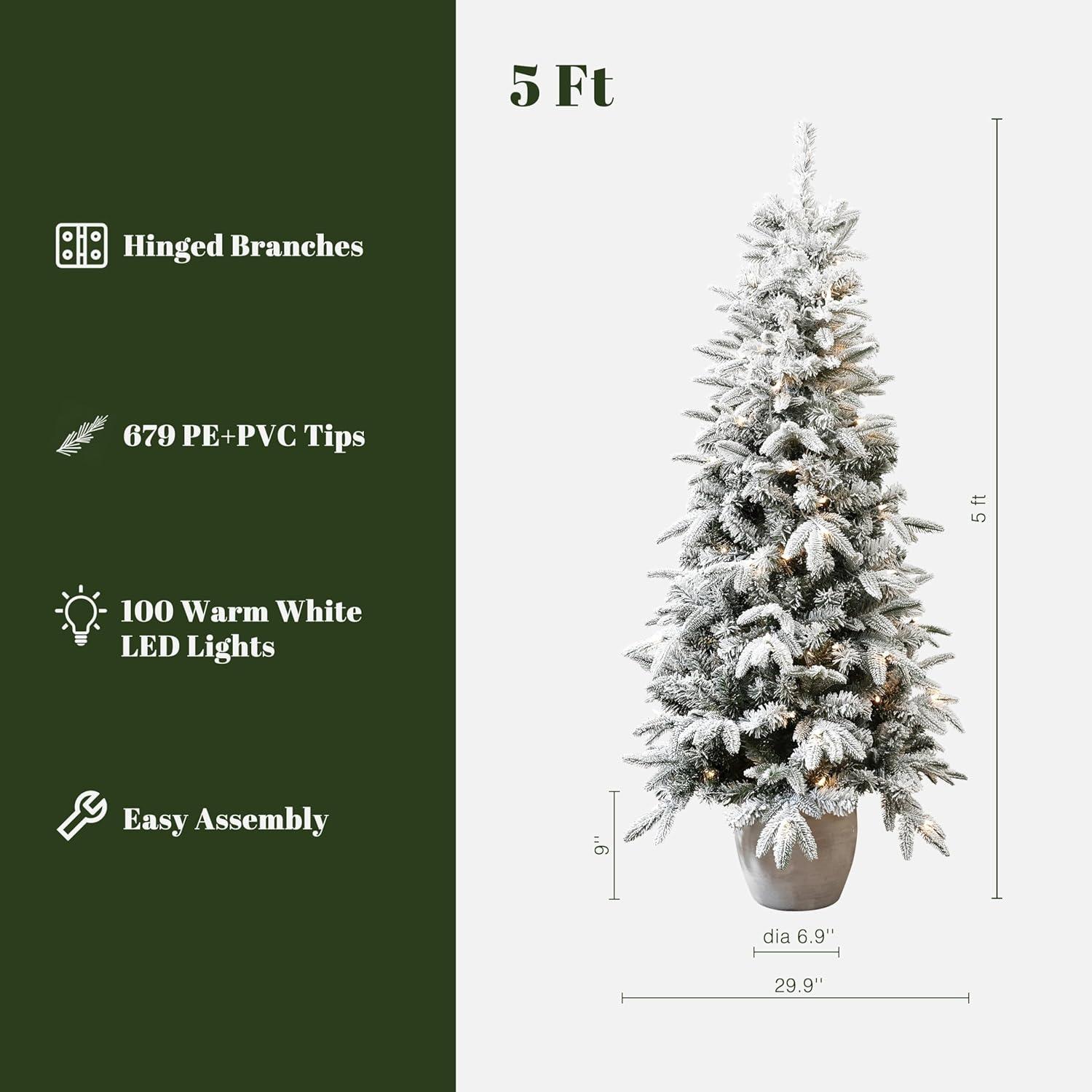 LuxenHome 5Ft Pre-Lit Snow Flocked Slim Fir Potted Artificial Christmas Tree Green