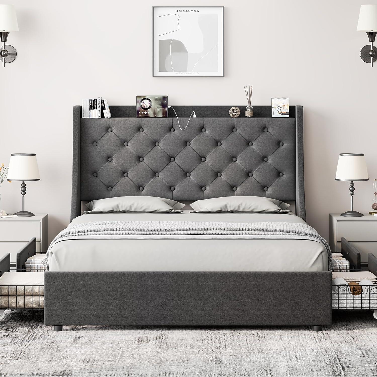 Huloretions Queen Bed Frame With Charging Station,Platform Bed With 4 Storage Drawers,Upholstered Wingback Headboard And Storage Shelf,No Box Spring Needed Easy Assembly
