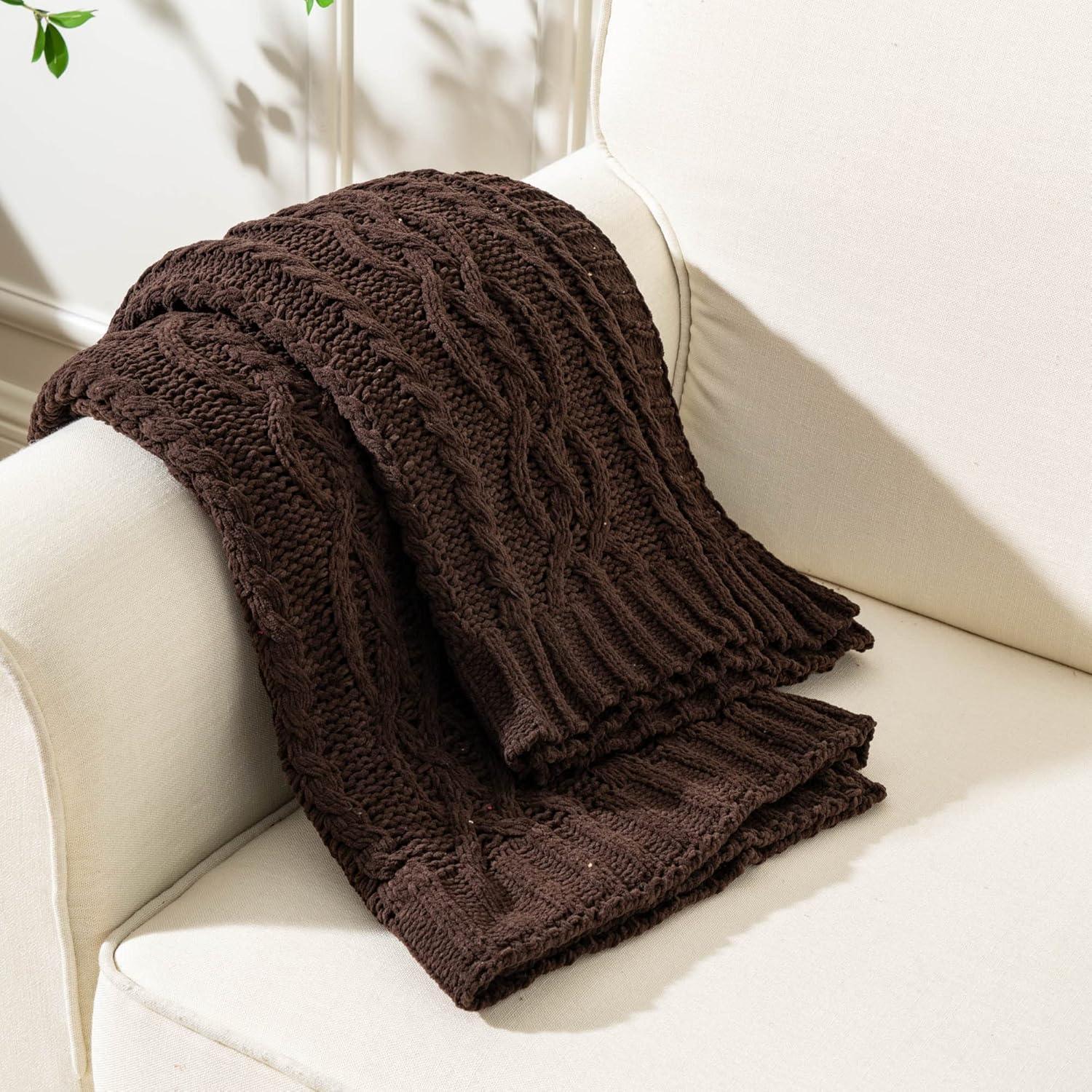 Battilo Dark Brown Throw Blanket for Couch, Soft Chenille Knit Throw Blanket, Decorative Sofa Blanket Chocolate Brown,Christmas Decor,51"x67"