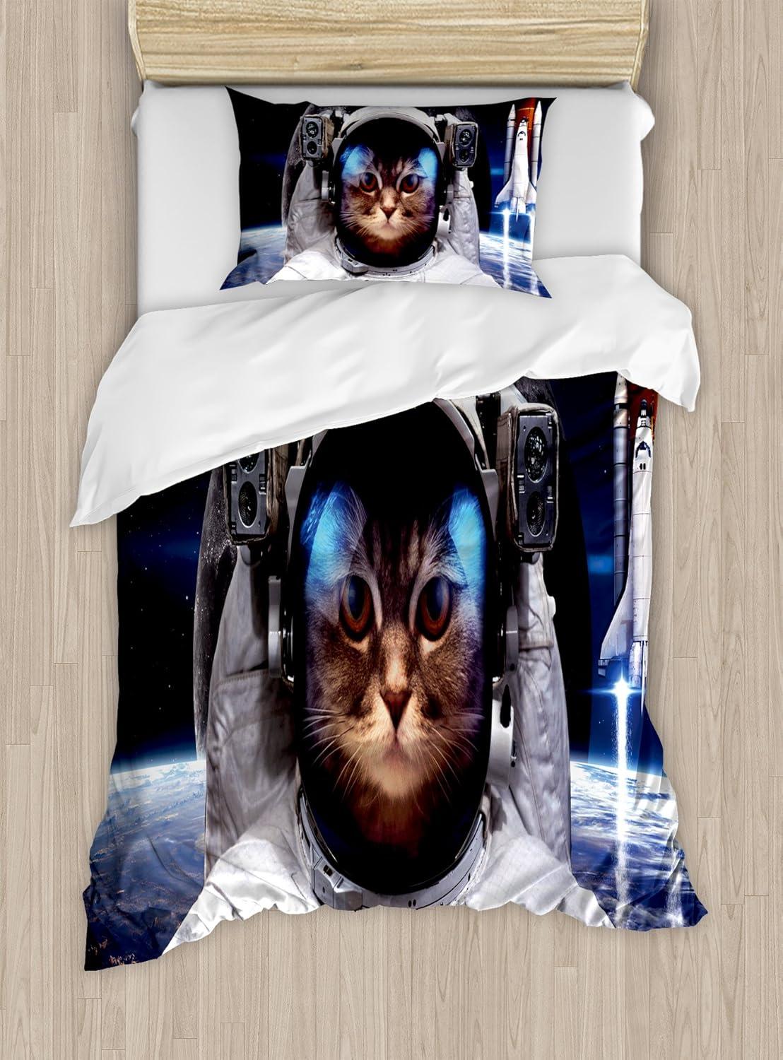 Space Cat Duvet Cover Set Twin Size, Cat in Cosmonaut Outer Space Clothes in Cosmos Travel with Rocket, Decorative 2 Piece Bedding Set with 1 Pillow Sham, Navy Blue White and Red, by Ambesonne