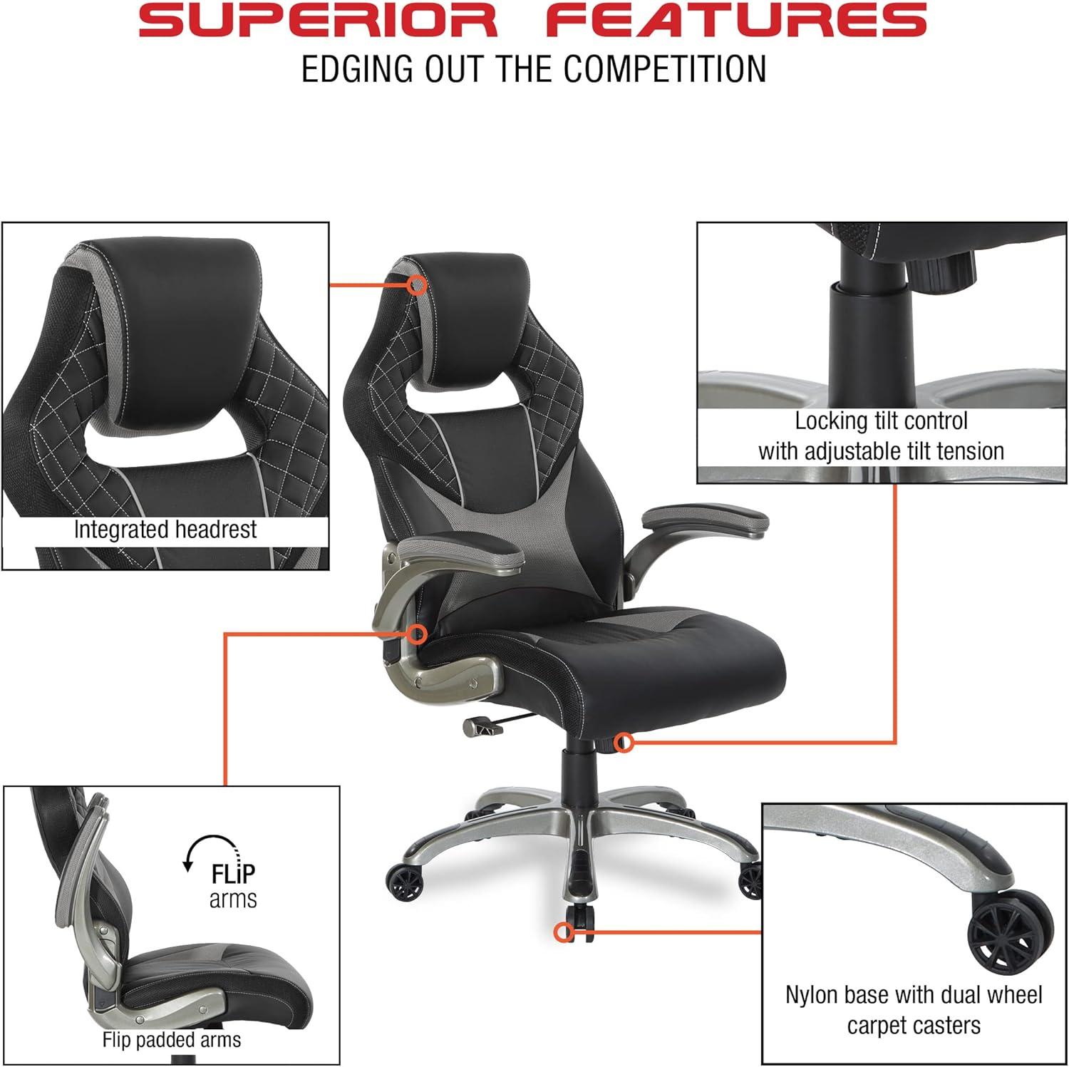 Oversite Gaming Chair in Black Faux Leather with White Accents