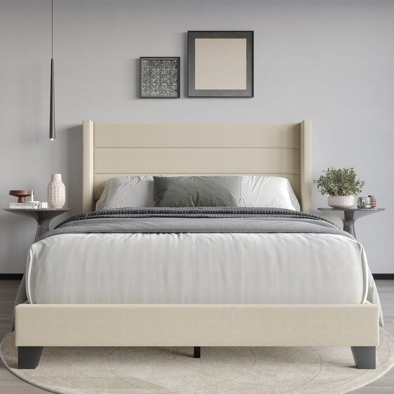 Flash Furniture Hollis Queen Upholstered Platform Bed with Wingback Headboard, No Box Spring Needed, Beige Faux Linen