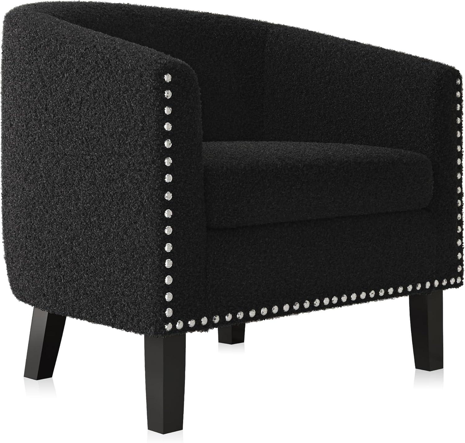 BELLEZE Accent Barrel Chair, Modern Tub Club Chair Upholstered Armchair for Living Room, Accent Chair with Silver Nail Head Trim Black Legs - Kyara (Black/Polyester)