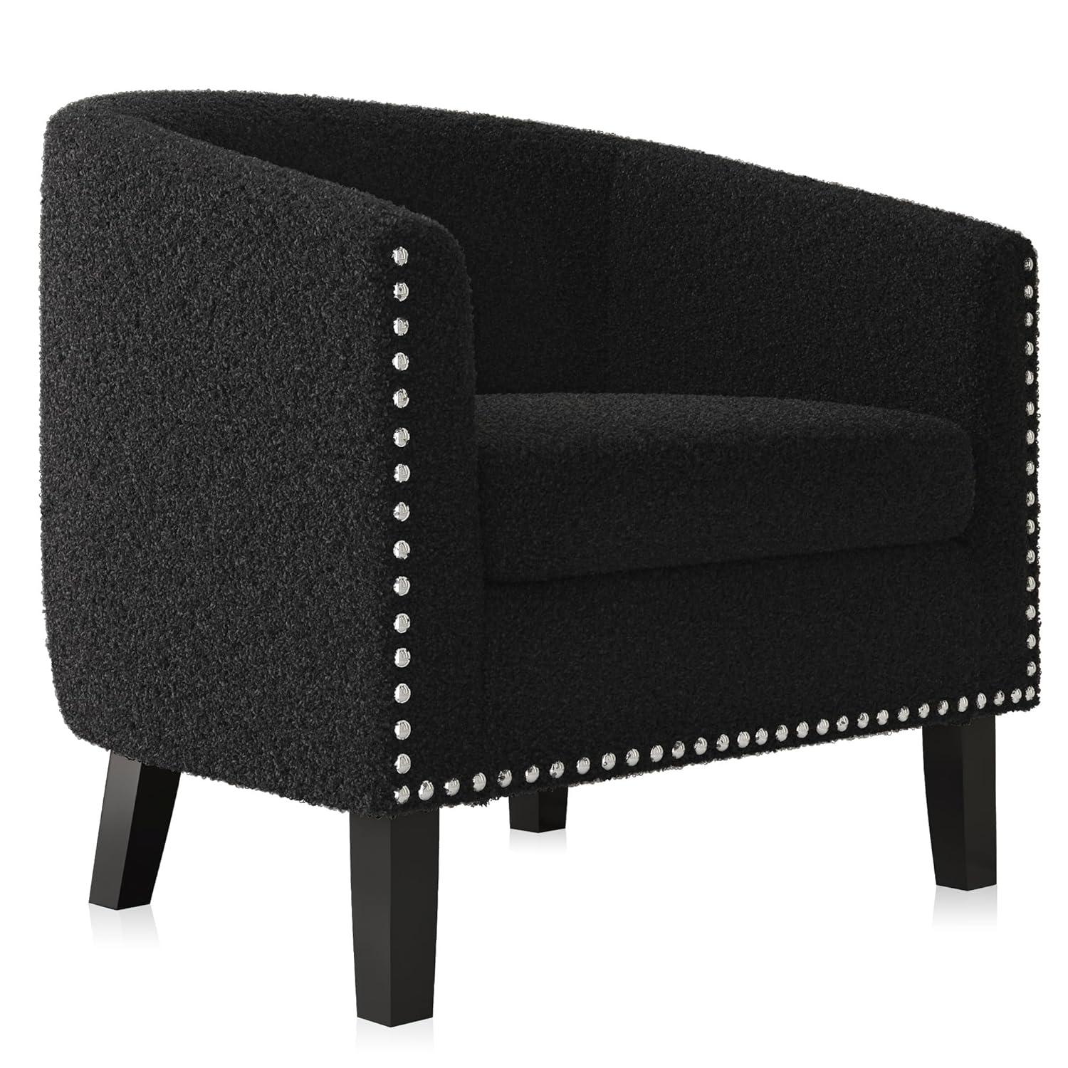 BELLEZE Accent Barrel Chair, Modern Tub Club Chair Upholstered Armchair for Living Room, Accent Chair with Silver Nail Head Trim Black Legs - Kyara (Black/Polyester)
