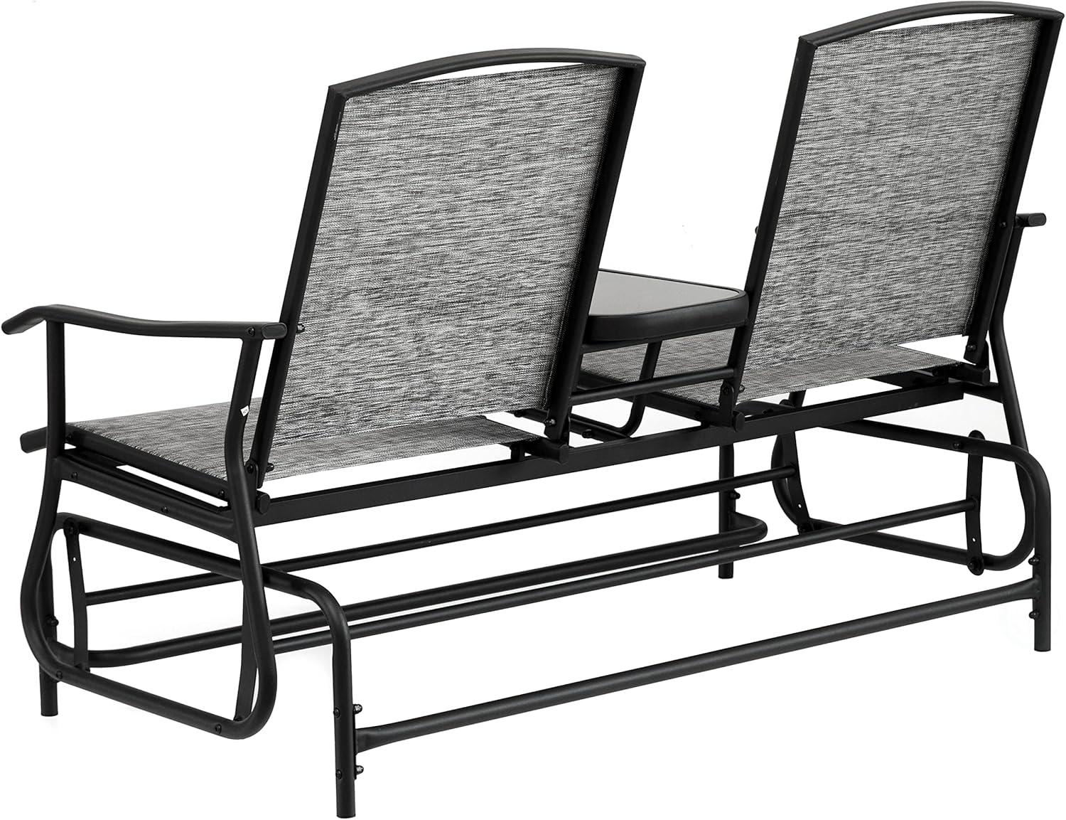 Gardenised Two Person Outdoor Double Swing Glider Chair Set with Center Tempered Glass Table, Loveseat Lawn Rocker Bench