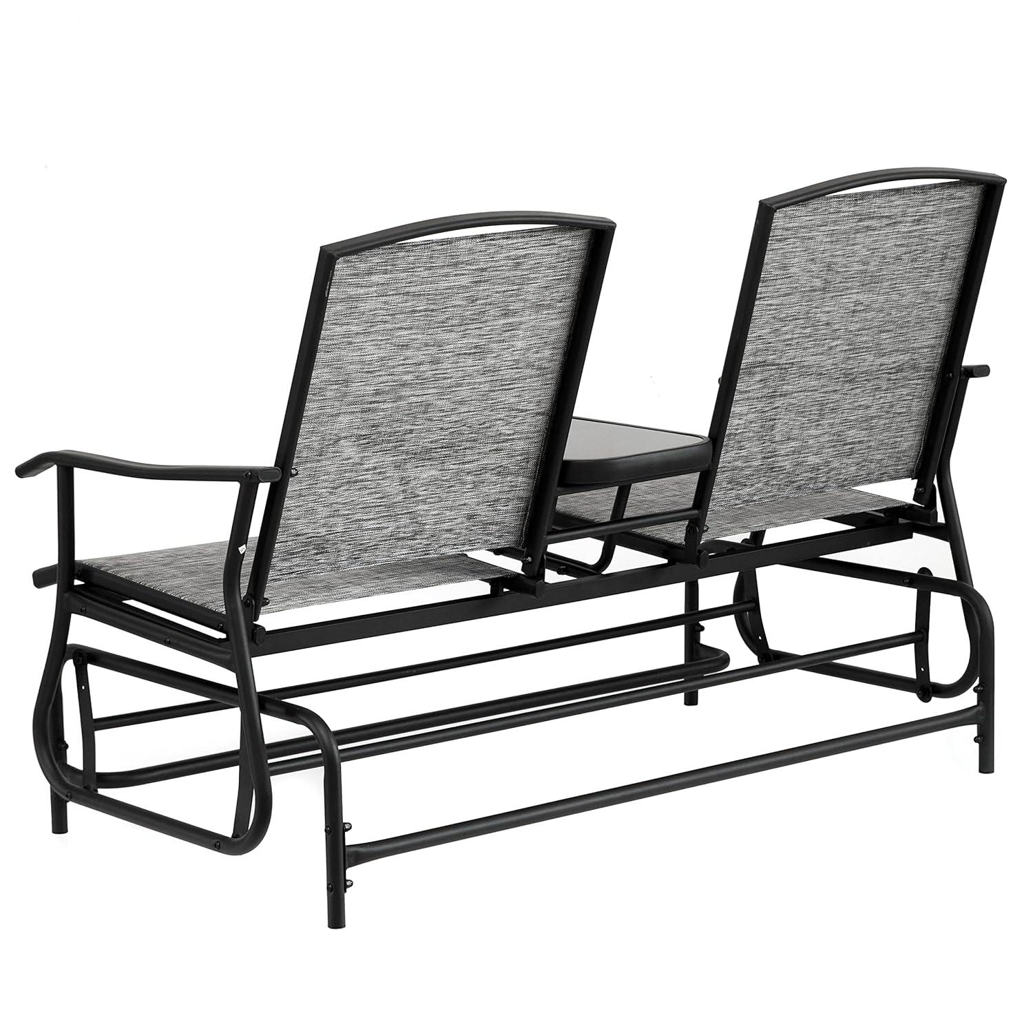 Gardenised Two Person Outdoor Double Swing Glider Chair Set with Center Tempered Glass Table, Loveseat Lawn Rocker Bench