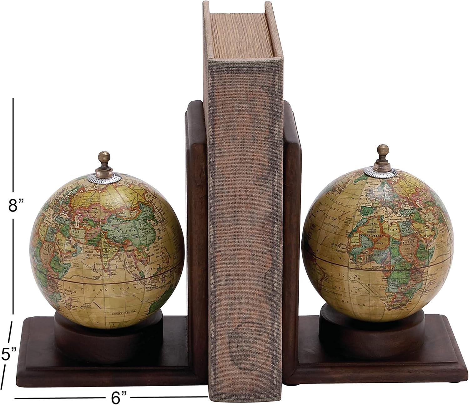 Elegant Sepia Globe Wooden Bookends with Metallic Accents, Set of 2