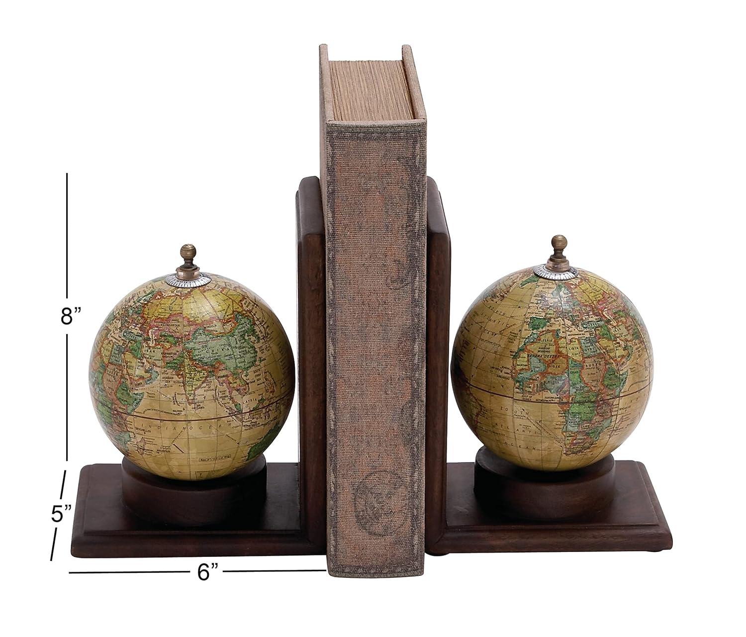 DecMode 6" Globe World Map Brown Wood Bookends (Set of 2)
