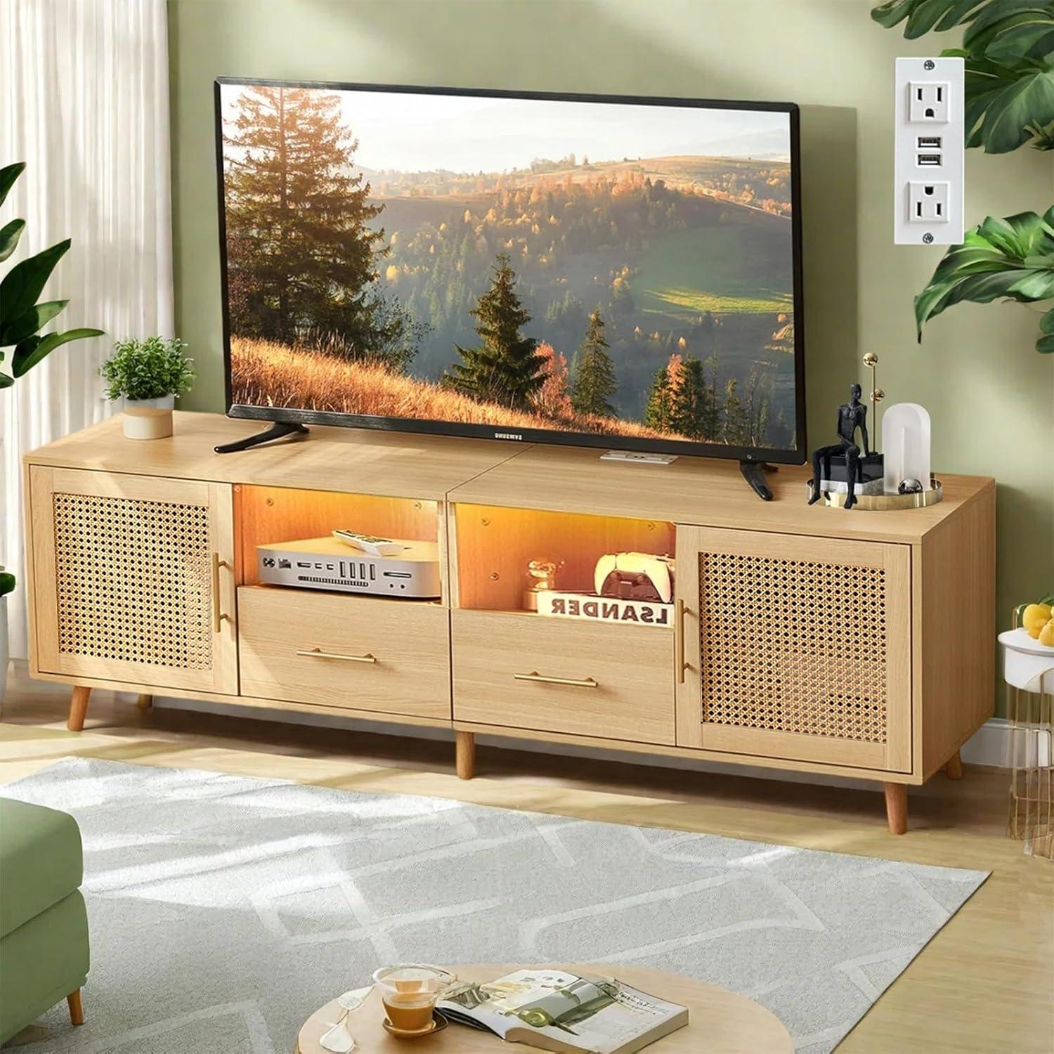 Bay Isle Home™ Heyer Large Wood Rattan TV Stand for TVs up to 75" with LED Light and Charging Station, Coastal Media Console Table, Multimedia Storage Furniture with 2 Drawers, Lighting TV Cabinet
