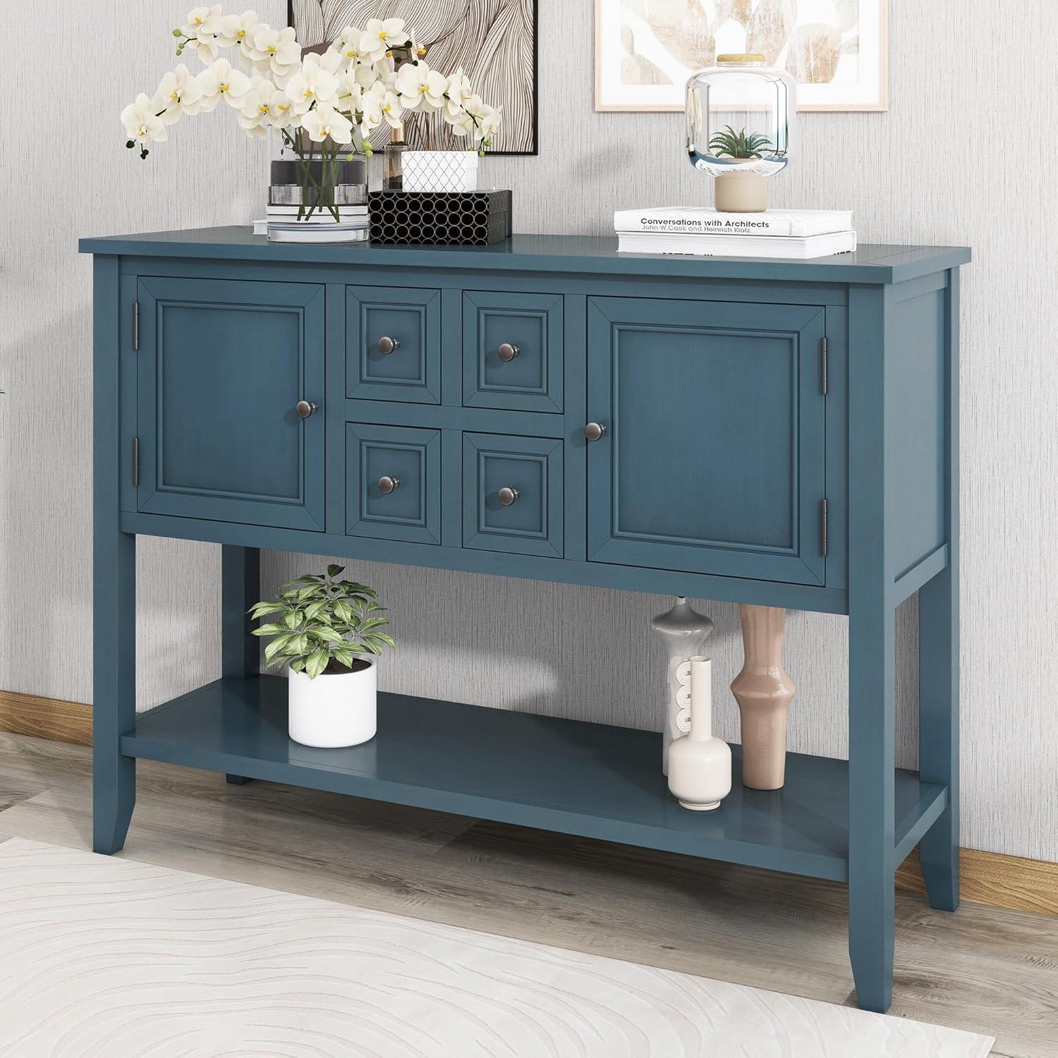 Modern Storage Vintage Console Table with 4 Drawers and 2 Cabinets, Wooden Buffet Sideboard Table with Open Bottom Shelf, Accent Side Table for Living Room, Kitchen, Entryway, Light Navy