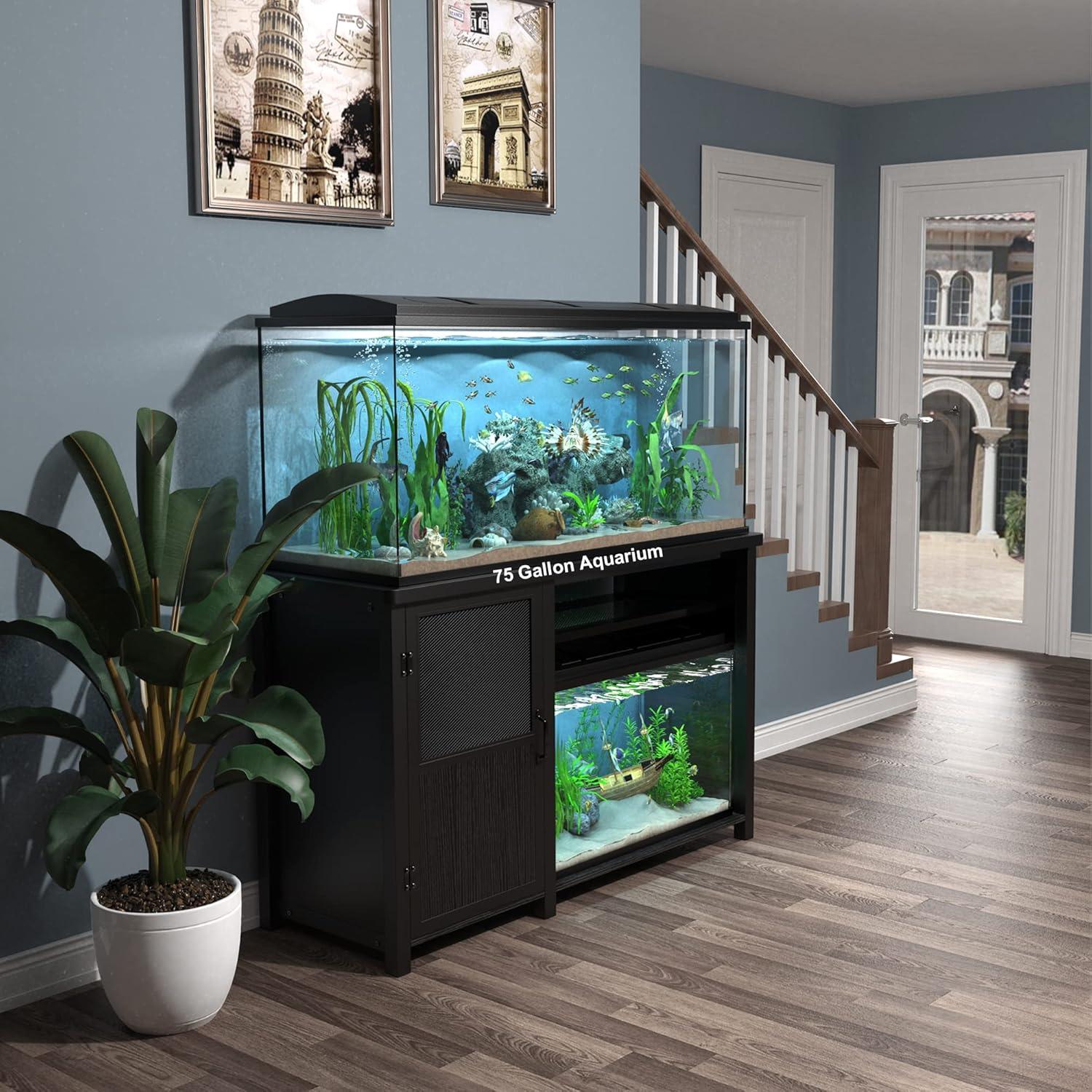 Heavy Duty Black Metal Aquarium Stand with Storage Cabinet for 55-75 Gallon Tanks