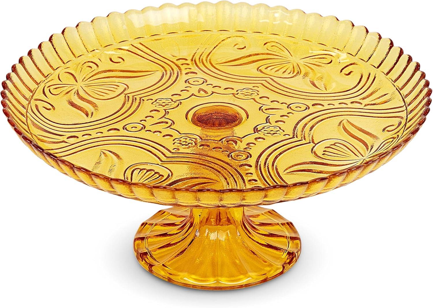 Amici Home Flower Footed Glass Cake Stand, Round Vintage Style Cake Plate, 10” D x 4” H