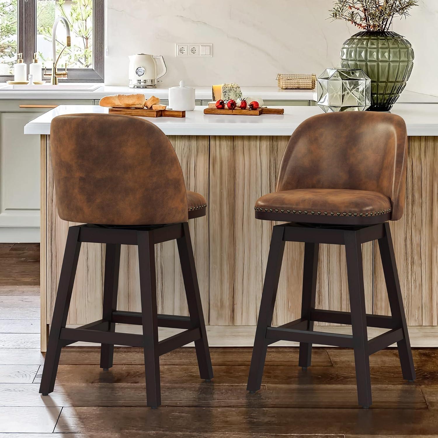 Dycanpo 26'' Swivel Bar Stools, Counter Height Bar Stools with Back & footrest for Kitchen, Brown