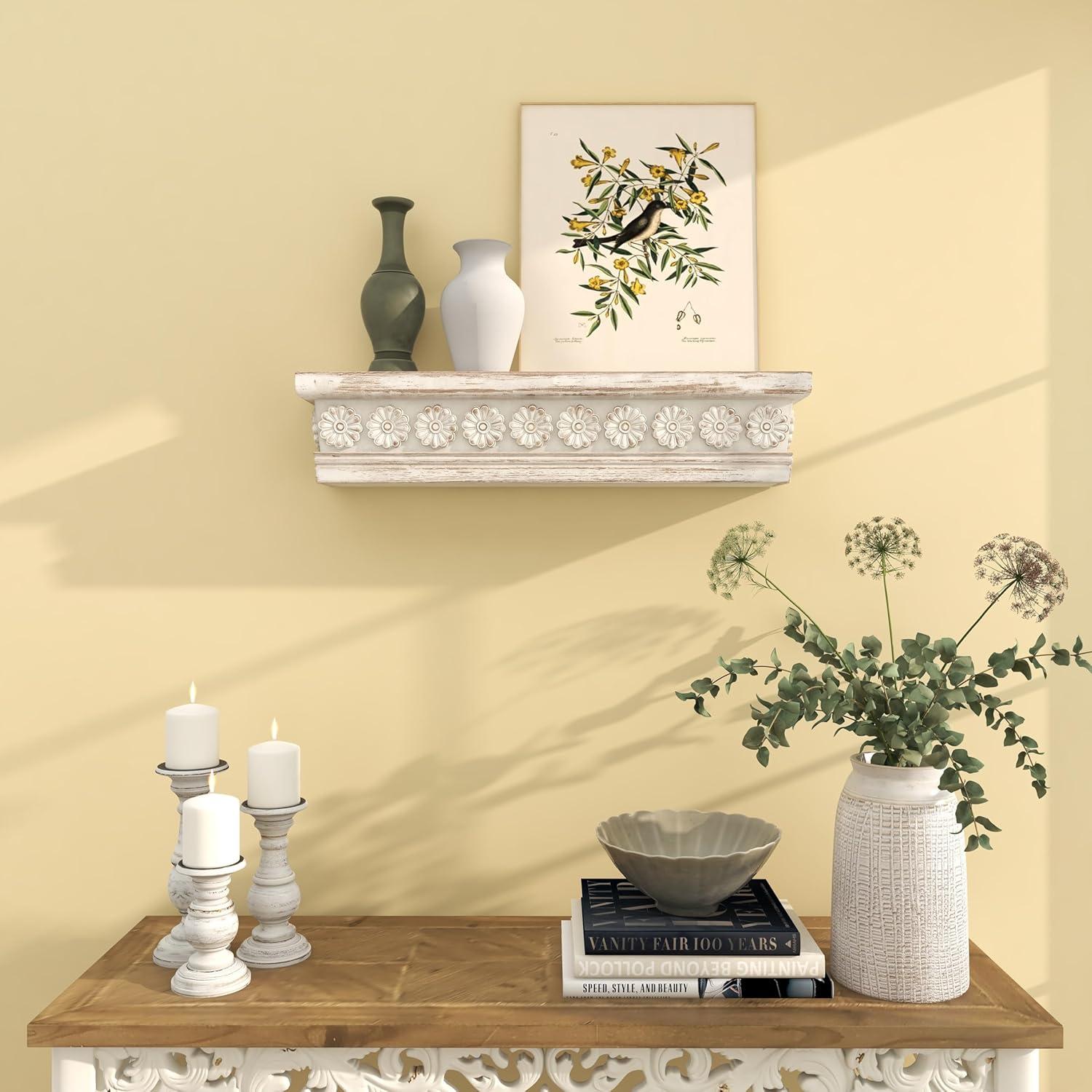 DecMode 28" x 5" Intricate Carved 1-Tier White Floral Wall Shelf