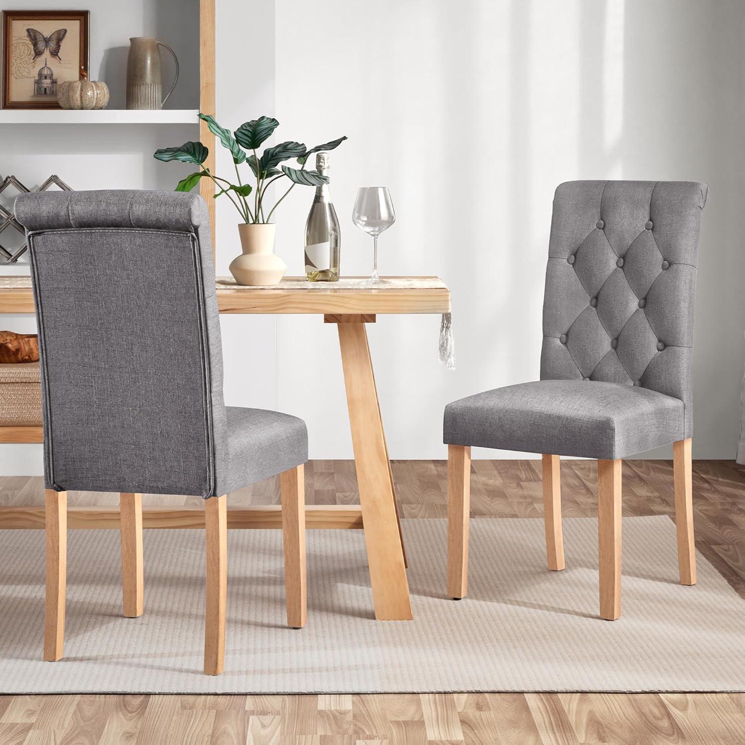 Gray Linen Upholstered High Back Parsons Dining Chairs with Oak Legs, Set of 2