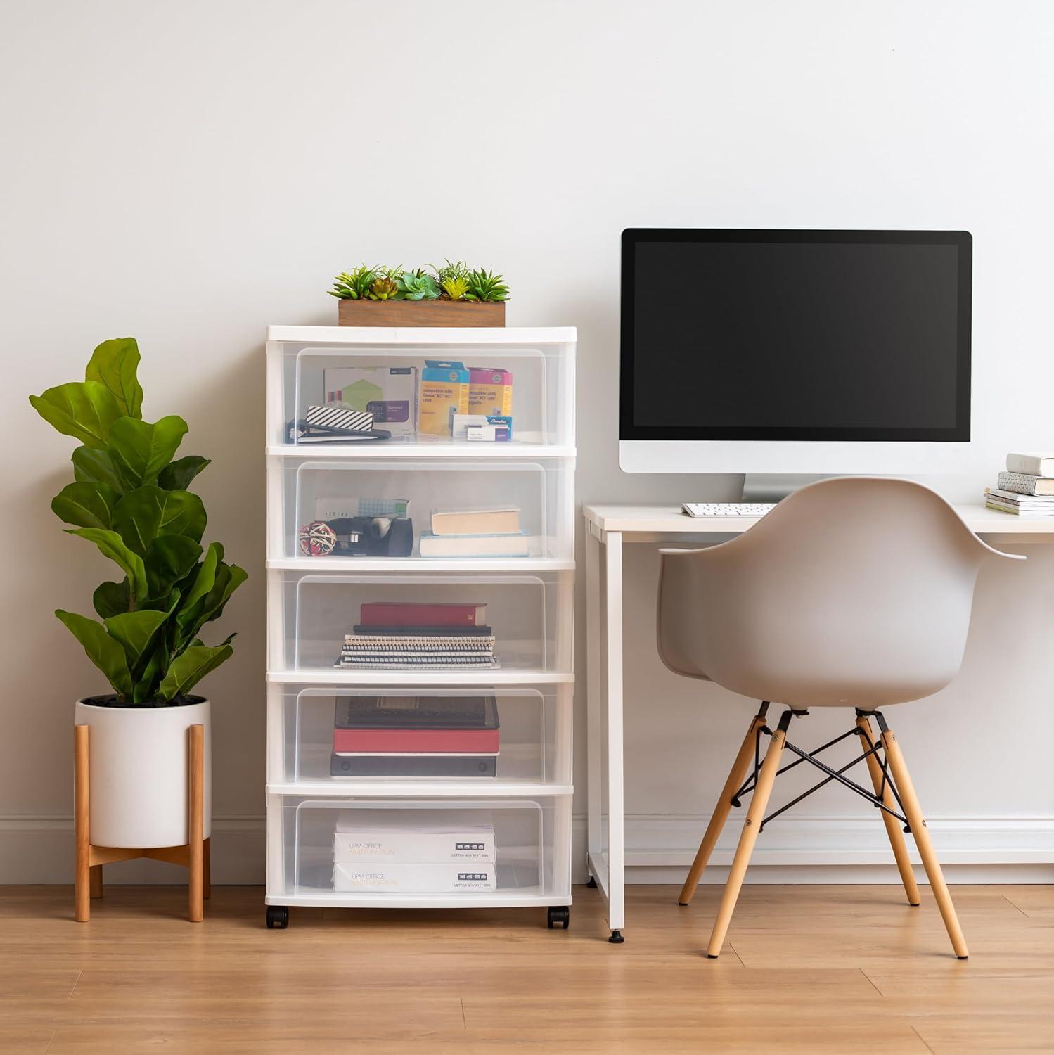 IRIS USA 5 Drawer Wide Storage Drawer Cart with Caster Wheels, Plastic Rolling Dresser for Home Closet Bedroom Bathroom Office Laundry, White/Clear