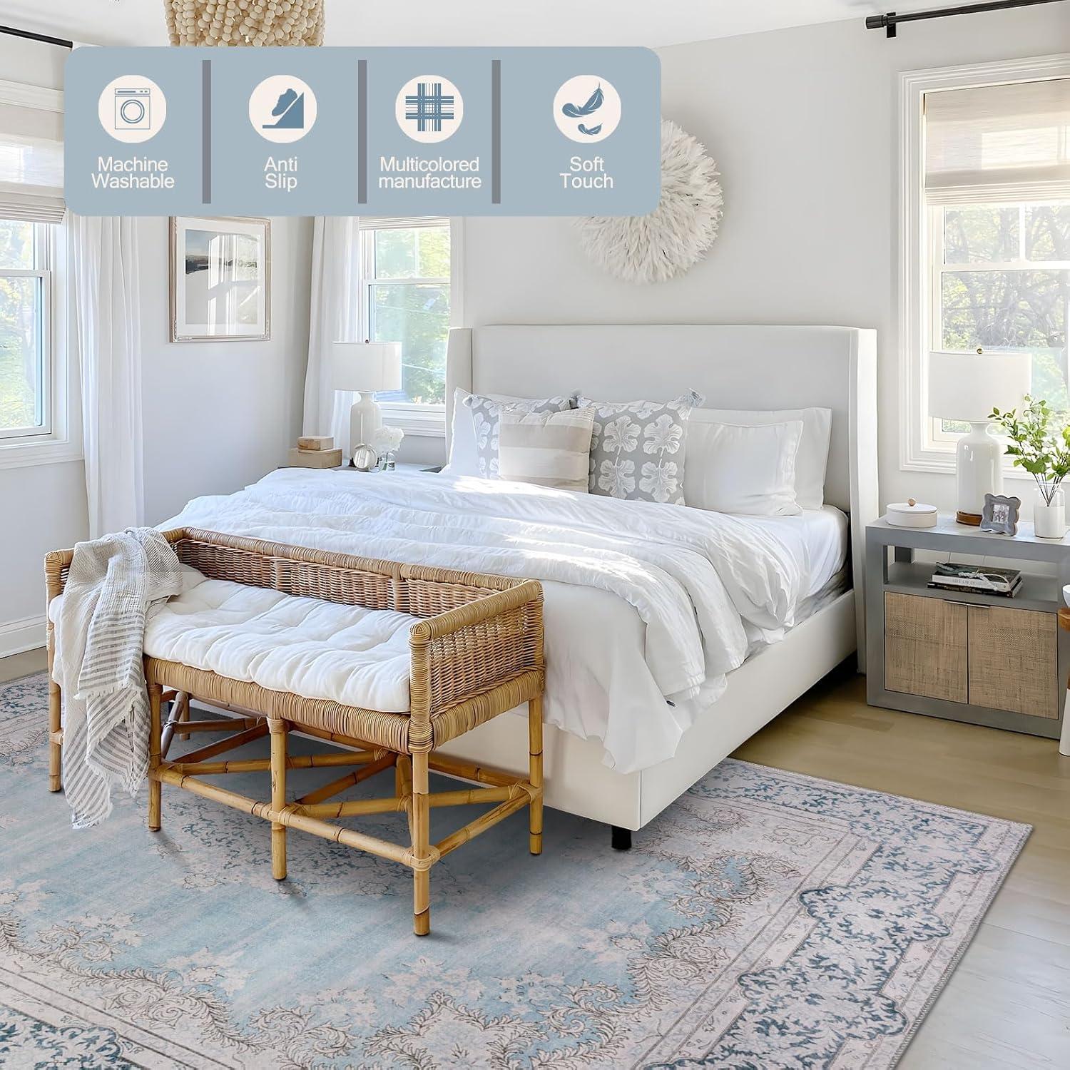 DECOMALL FEAONA Blue Oriental Machine Washable and Foldable Area Rug