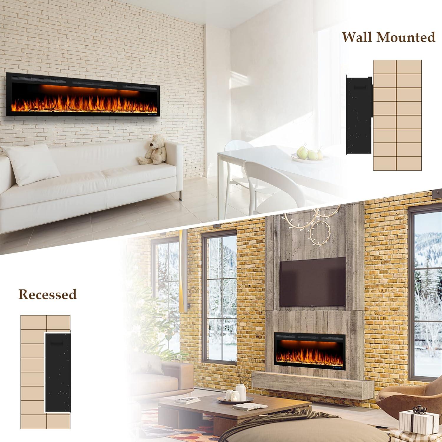 Tangkula 36"/40"/50" Recessed Electric Fireplace Wall Mounted Heater w/Remote Control 750W/1500W mode Adjustable Flame