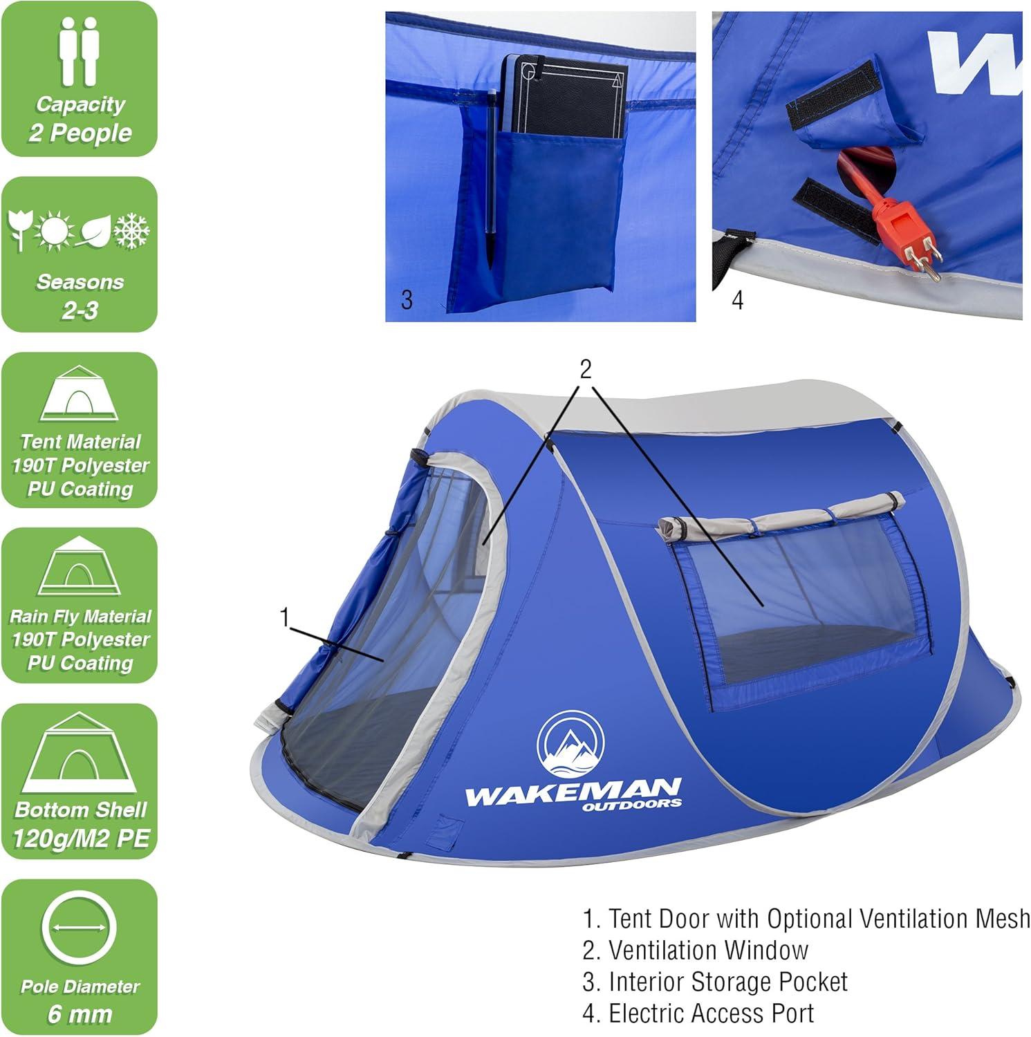 Blue 2-Person Three-Season Pop-Up Camping Tent with Carry Bag