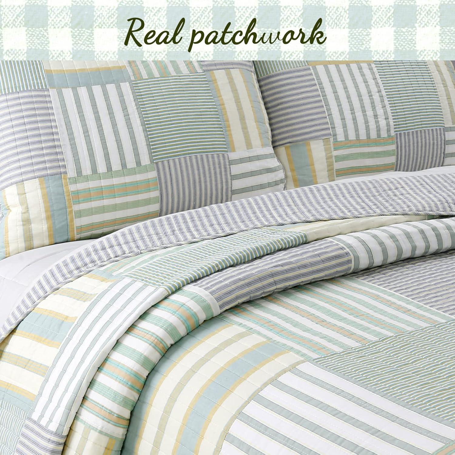 Cozy Line Home Fashions Green Yellow Blue Plaid Striped Real Patchwork 100% Cotton, Reversible Coverlet, Bedspread, Quilt Bedding Set (Green Patchwork, King - 3 Piece)