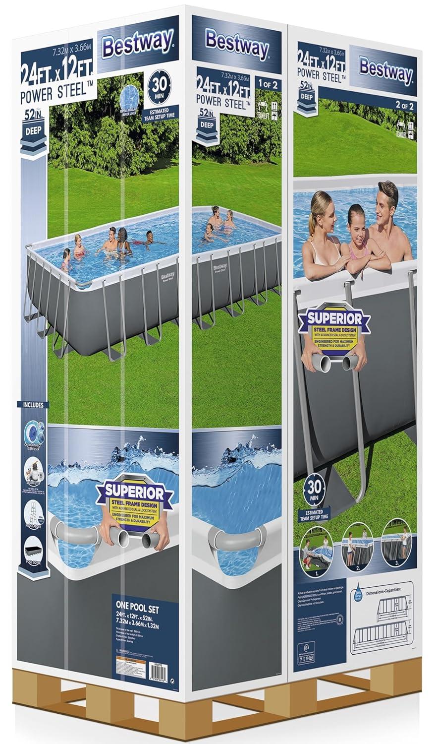 Bestway 24-ft x 12-ft x 52-in Metal frame Rectangle Above-Ground Pool with Filter Pump with Pool Cover with Ladder