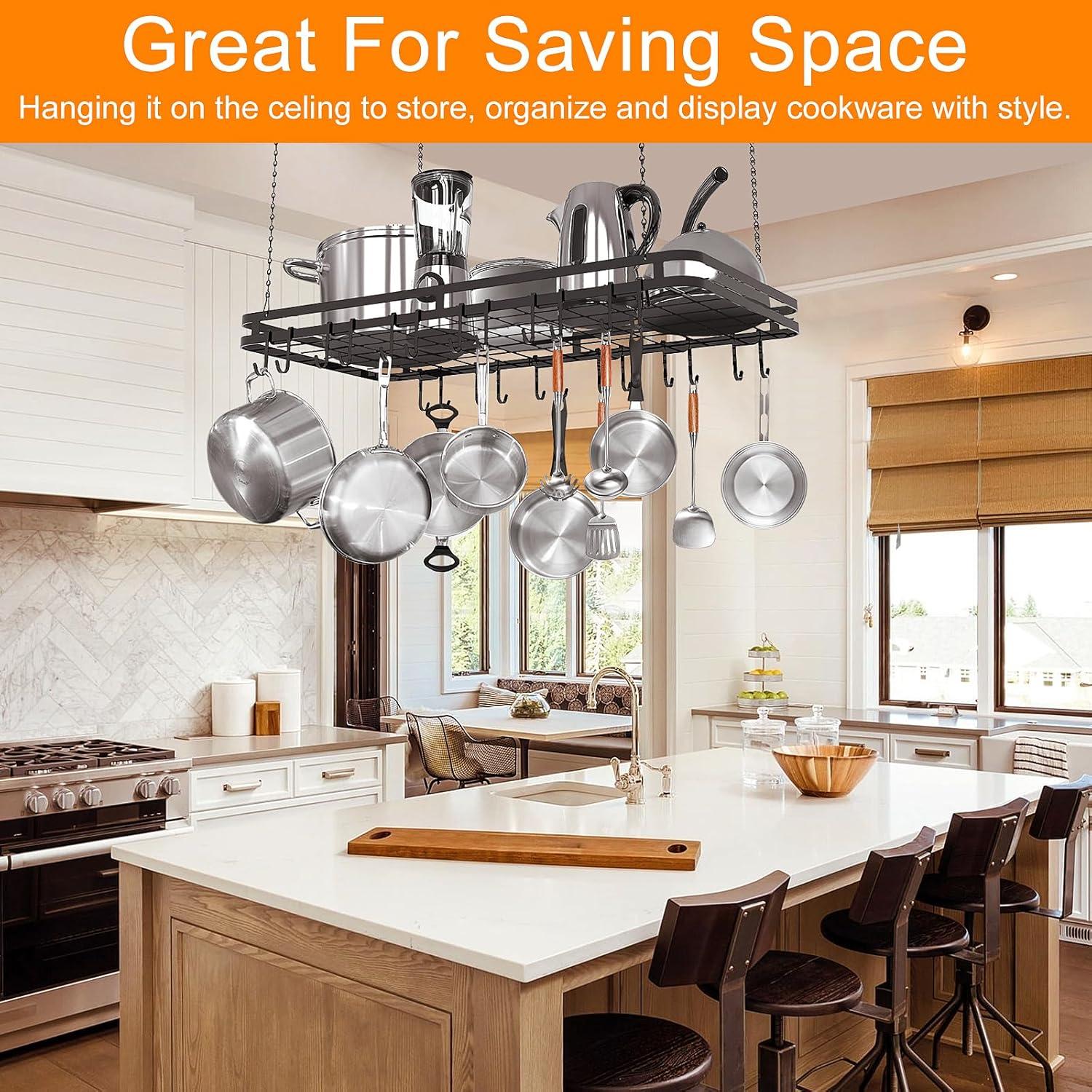 31.5 Inches Ceiling Pot Rack and Pan Rack for Ceiling with 12 Hooks, Storage Rack Multi-Purpose Organizer for Kitchen Organization, Home, Restaurant, Kitchen Cookware
