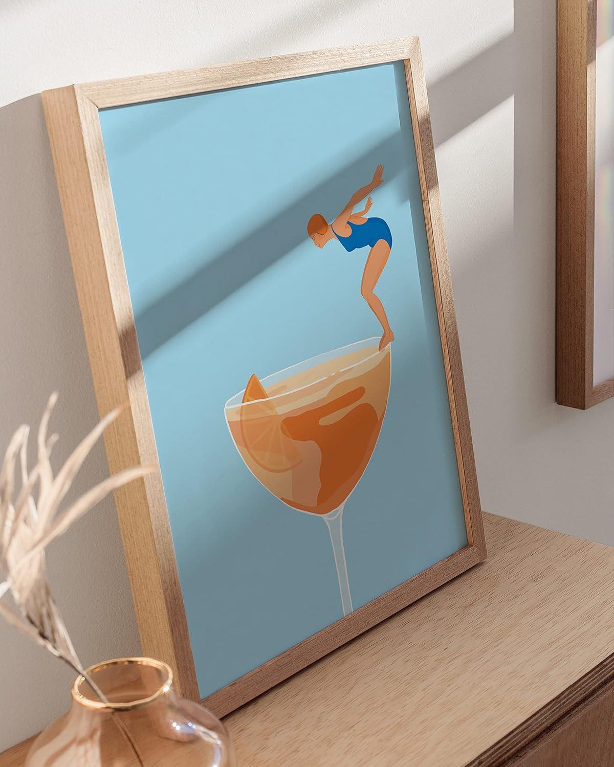 HAUS AND HUES Preppy Pictures Bar Art - Colorful Cocktail Prints, Bar Cart Accessories, Minimalist Blue and Orange Picture for Room Aesthetic, Bar Wall Decor, Vintage Aperol Spritz (12x16 Unframed)
