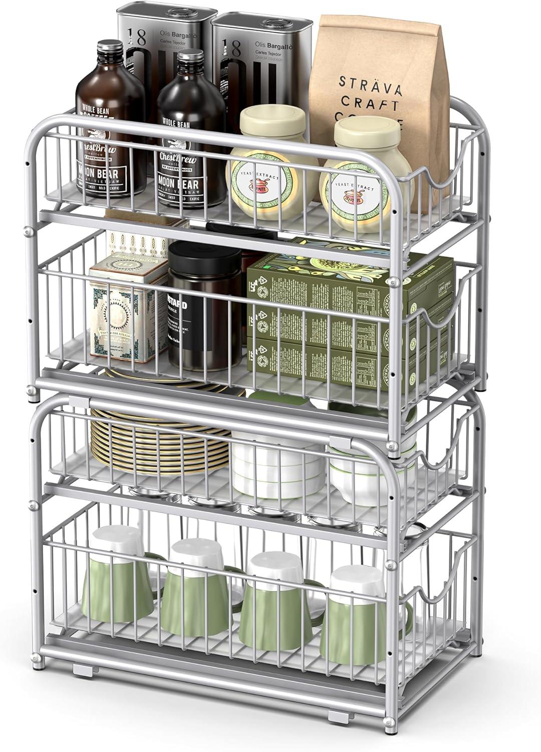 Silver 2-Tier Sliding Cabinet Organizer with Plastic Drawers