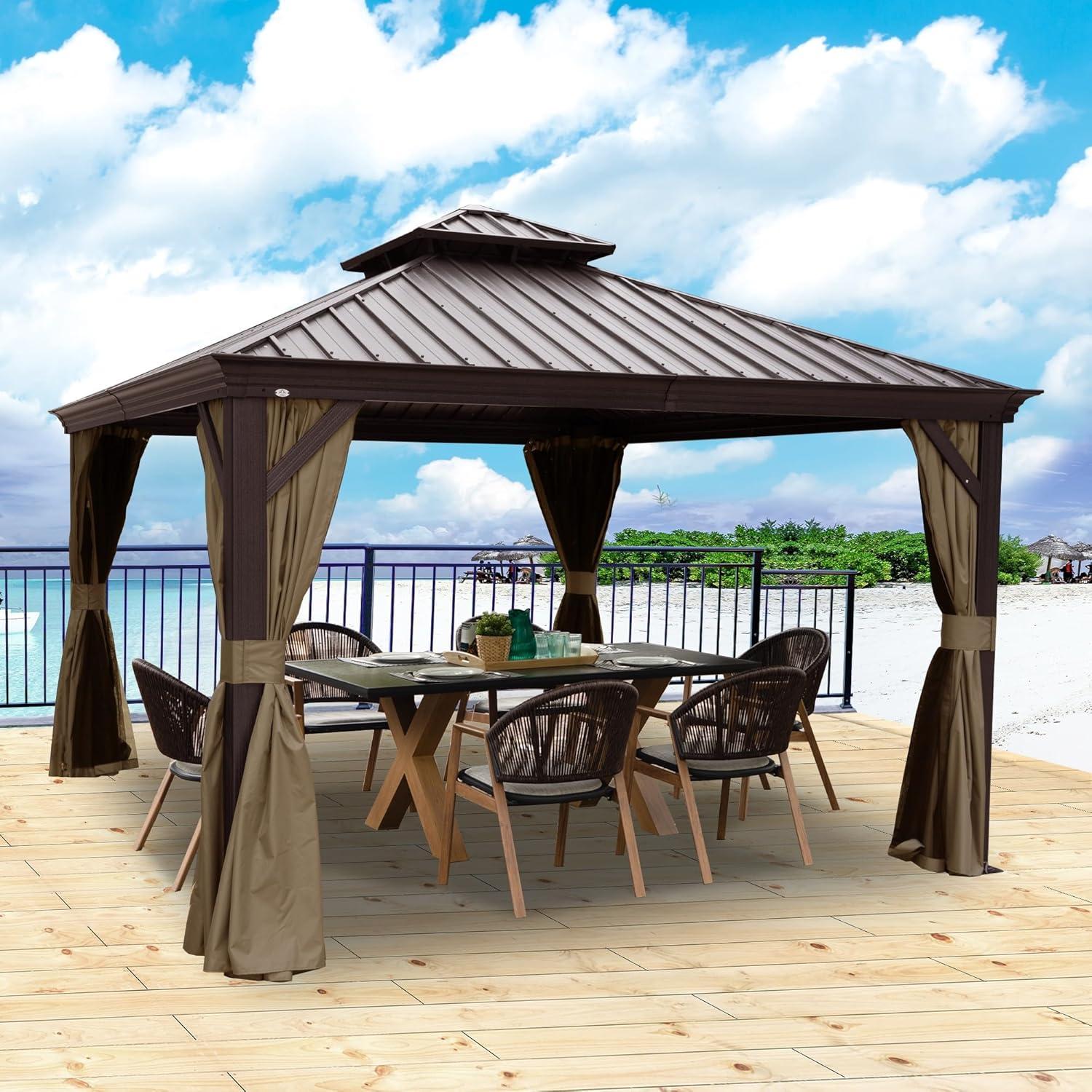 Kozyard Alexander 12' X 12' Hardtop Gazebo, Aluminum Metal Gazebo with Galvanized Steel Double Roof Canopy, Curtain and Netting, Permanent Gazebo Pavilion for Patio, Backyard, Deck, Lawn (Brown)