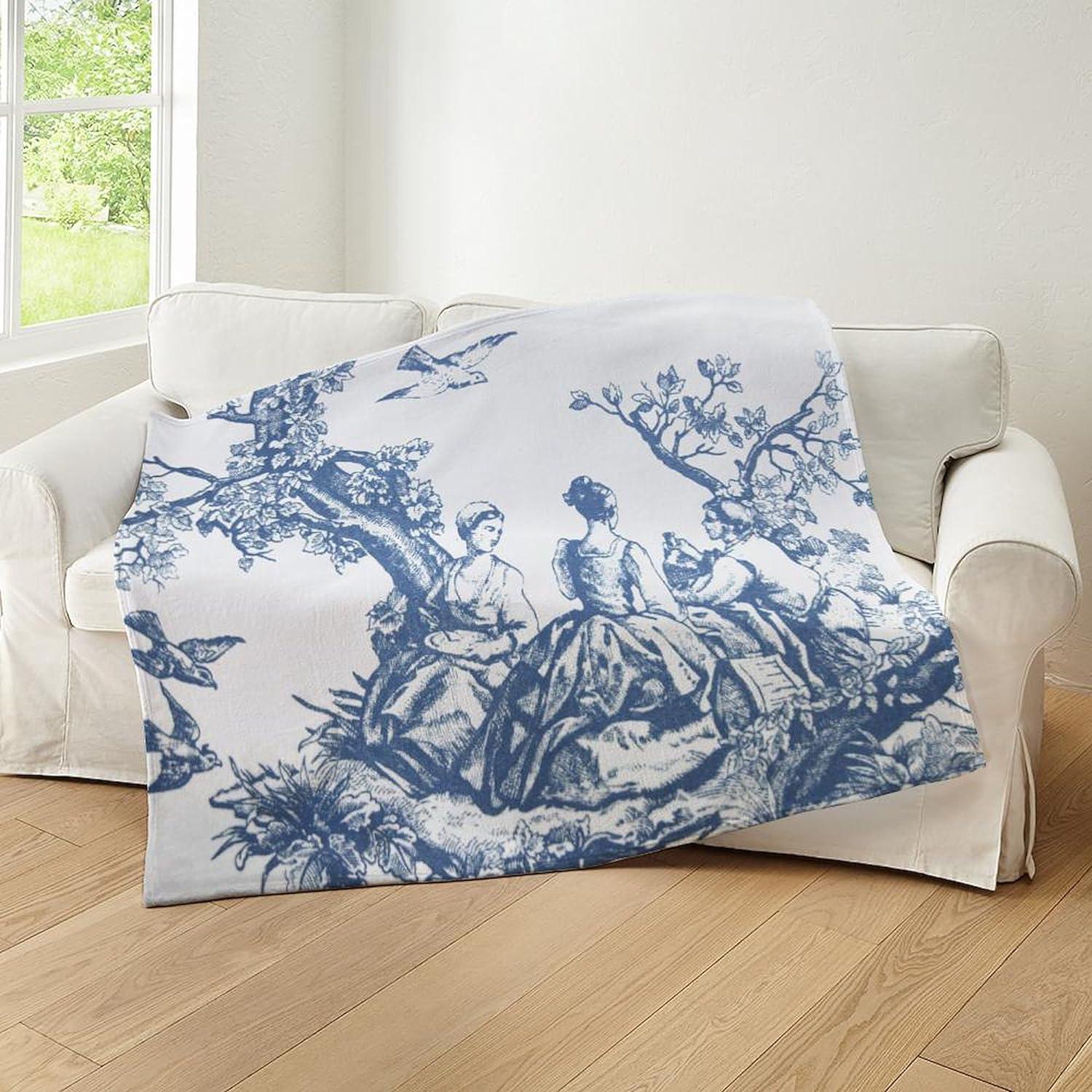 Blue and White French Toile Fleece Throw Blanket