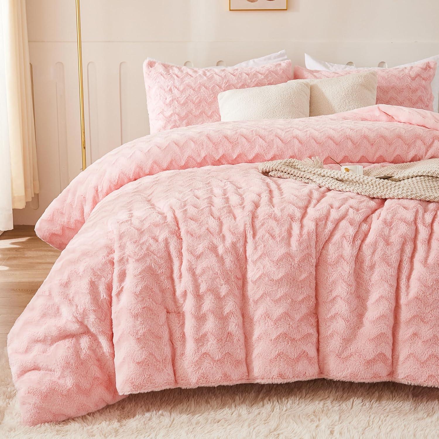 Andency Pink Faux Fur Comforter Set Full, 3 Pieces Fleece Fuzzy Shaggy Plush Sherpa Bedding Set for Women Girls, Fluffy Soft Warm Bed Set for Winter