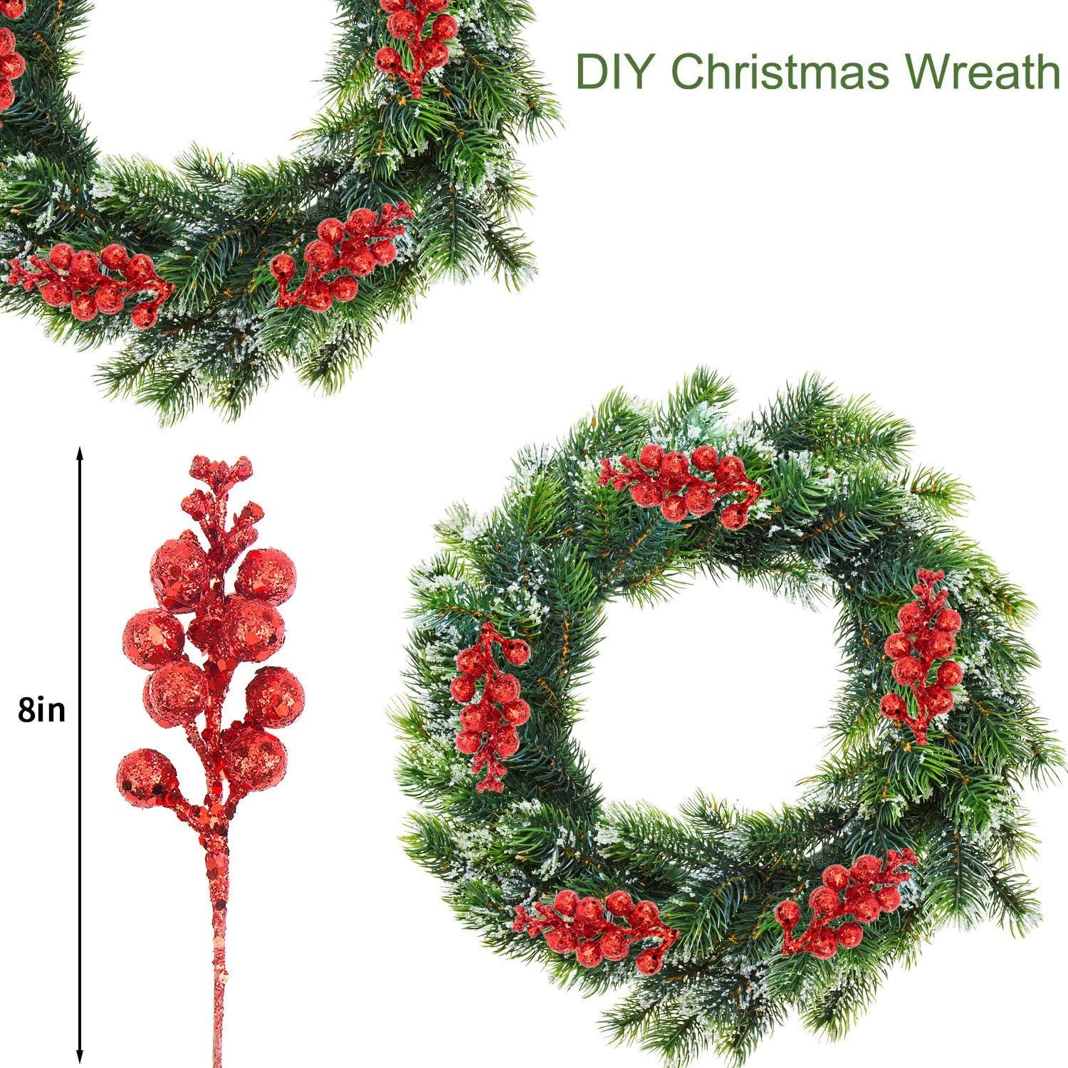 20 Pcs Artificial Glitter Berry Stems, 7.8 Inch Glitter Christmas Tree Picks for Christmas Tree Ornaments,DIY Xmas Wreath, Xmas Party Home Decorations