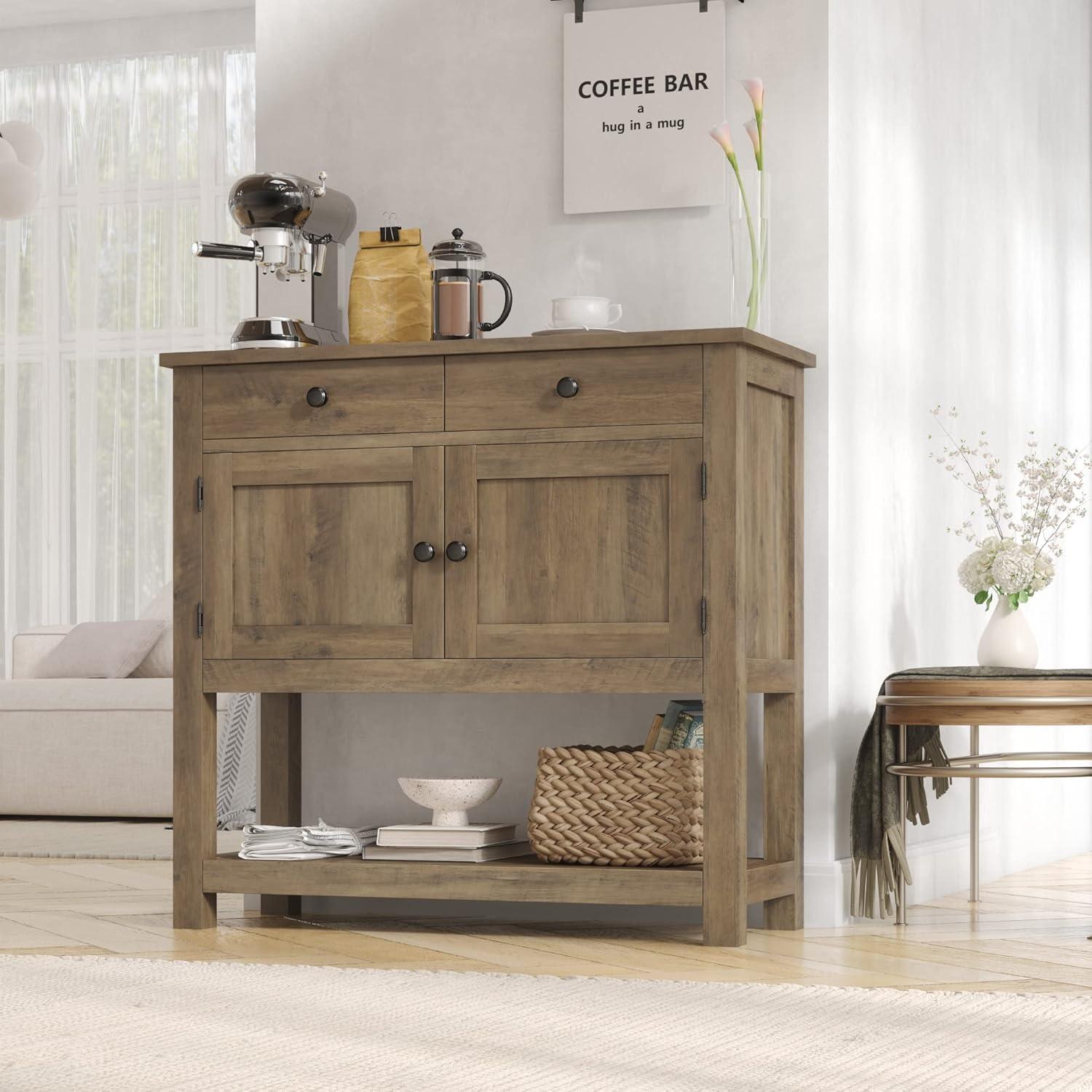 Homfa Farmhouse Console Table with 2 drawers & 2 door cabinet, Sofa Table Entryway Table with Storage Shelf for living room, Hallway, Brown